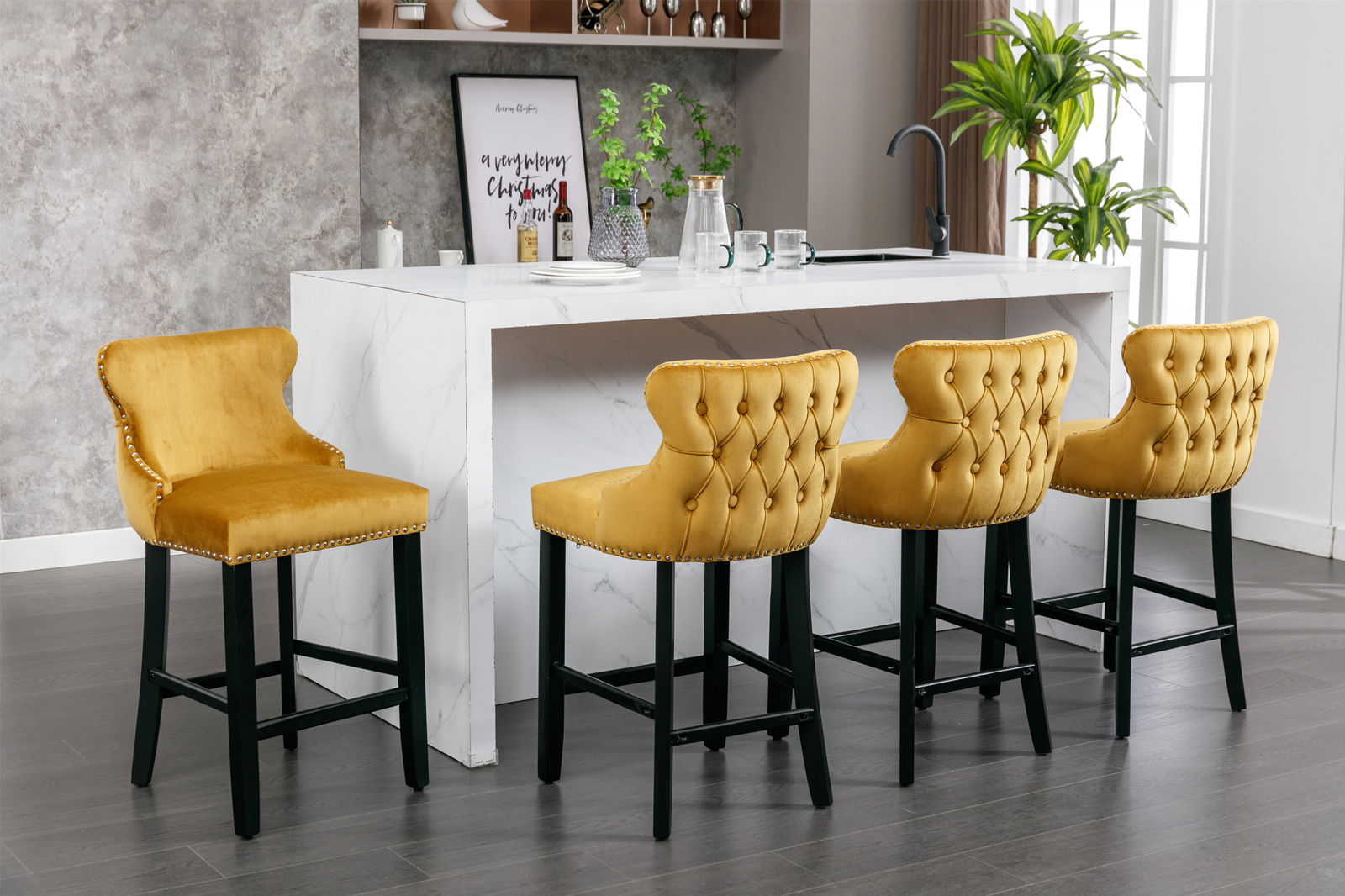 Contemporary Velvet Upholstered Wing-Back Barstools With Button Tufted Decoration And Wooden Legs, And Chrome Nailhead Trim, Leisure Style Bar Chairs, Bar Stools (Set of 2)