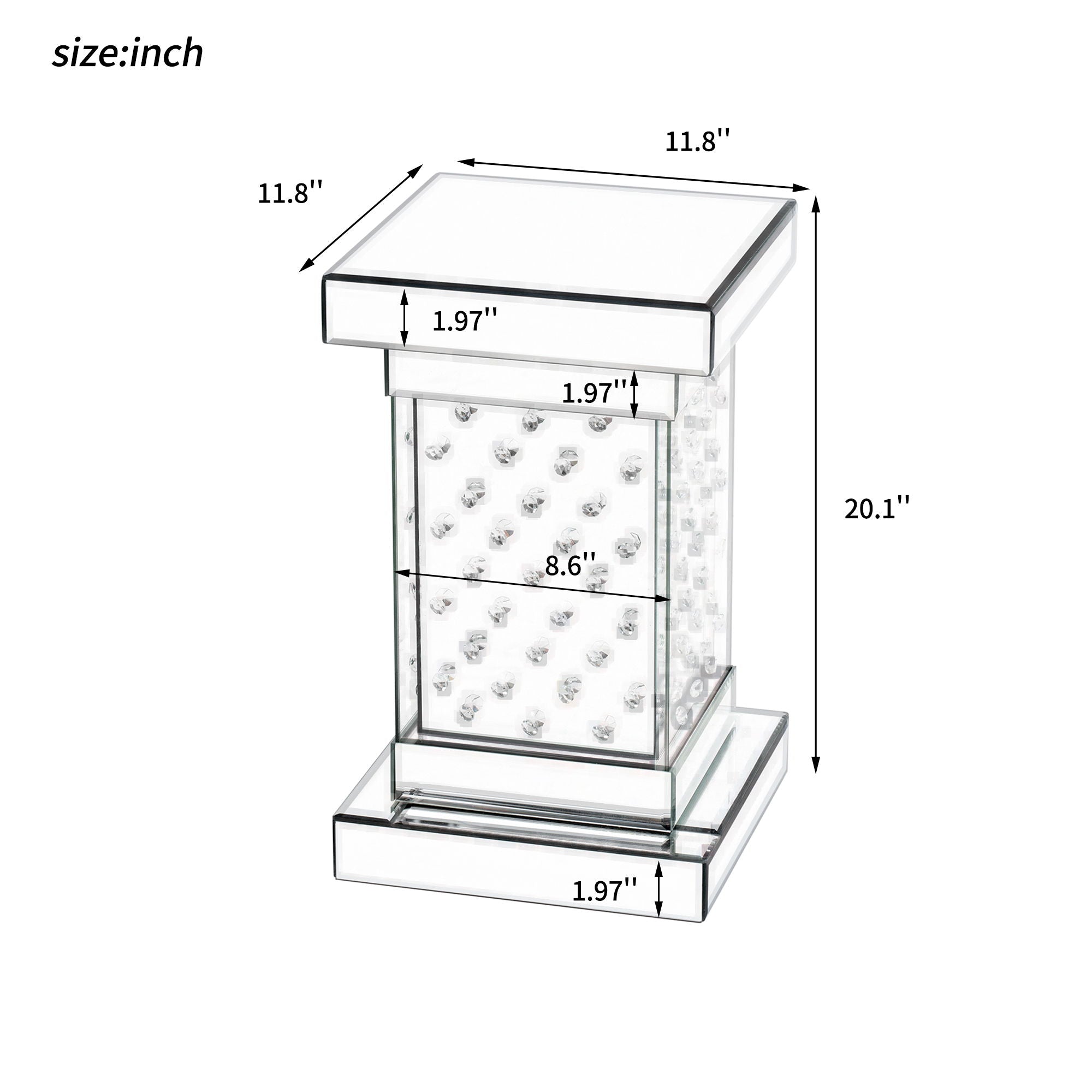 Square Mirrored End Table With Led Lights, Modern Side Table With Crystal Inlay For Living Room