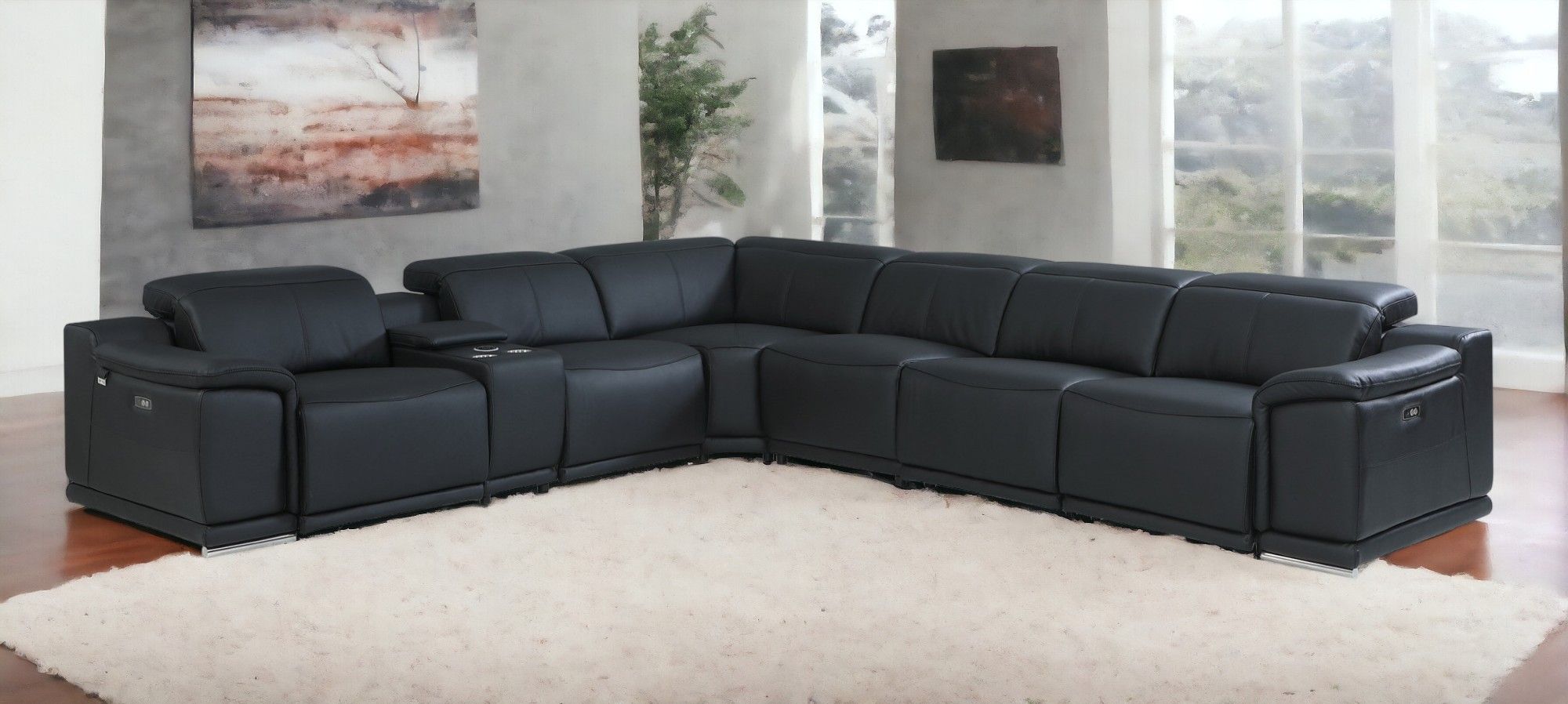 Italian Leather U Shaped Power Reclining Seven Piece Corner Sectional With Console - Black