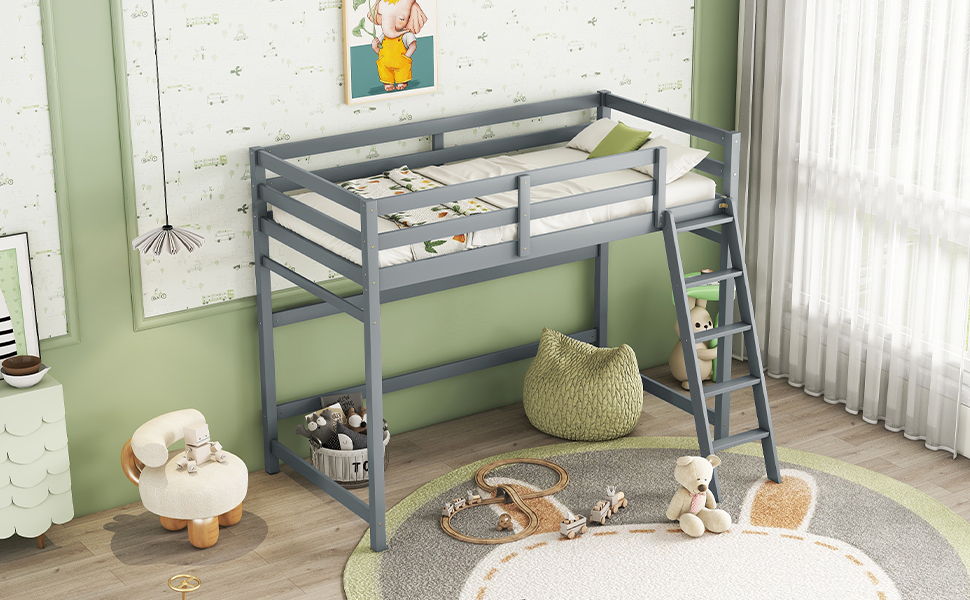 High Loft Bed With Inclined Ladder, Guardrails