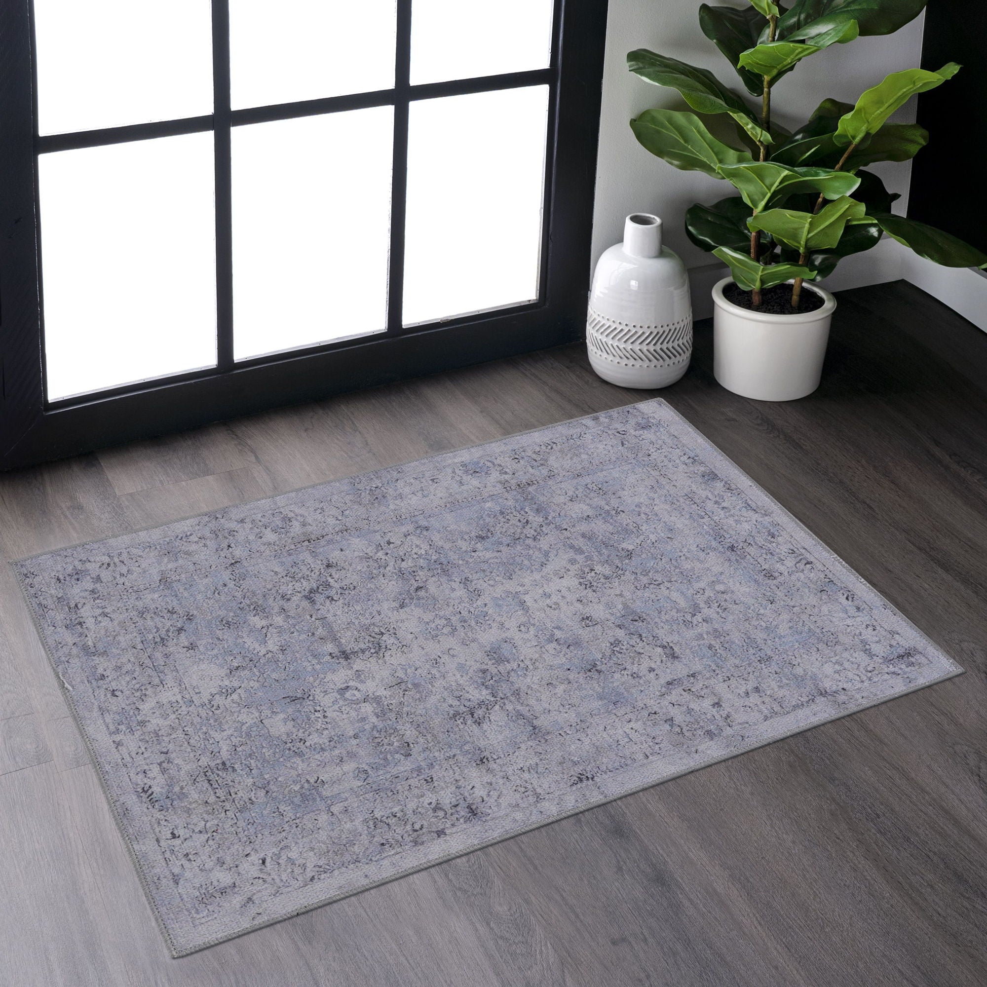 2' x 3' Machine Washable Area Rugs, Low-Pile, Non-Slip, Non-Shedding, Foldable, Kid & Pet Friendly - Blue / Cream