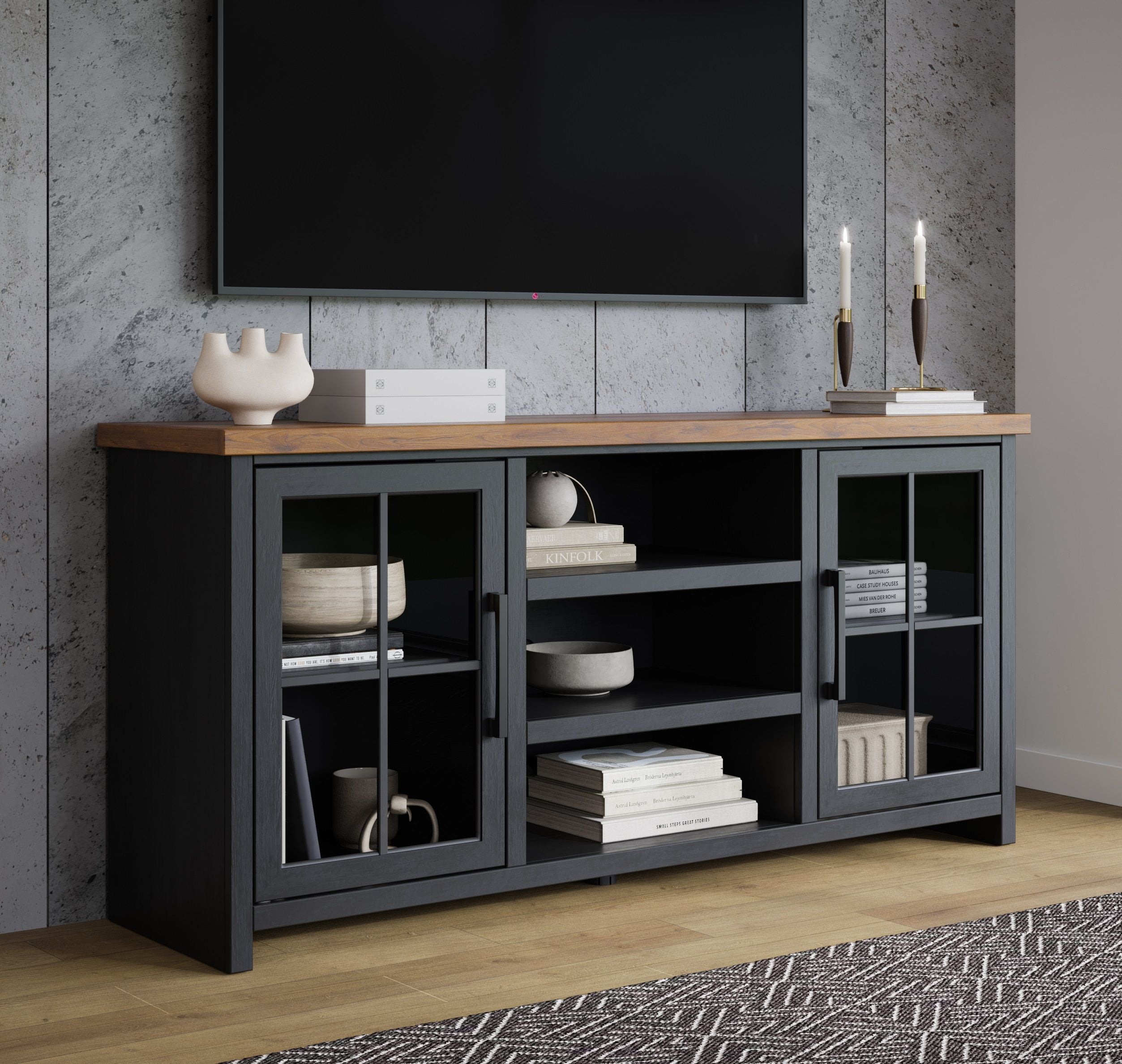 Essex - TV Stand Console For TVs Up To 80" - Black, Whiskey