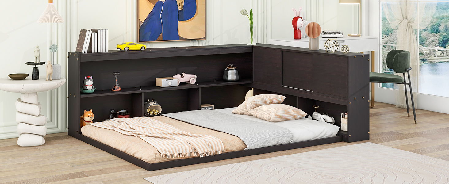 Floor Bed With L-Shaped Bookcases, Sliding Doors, Without Slats