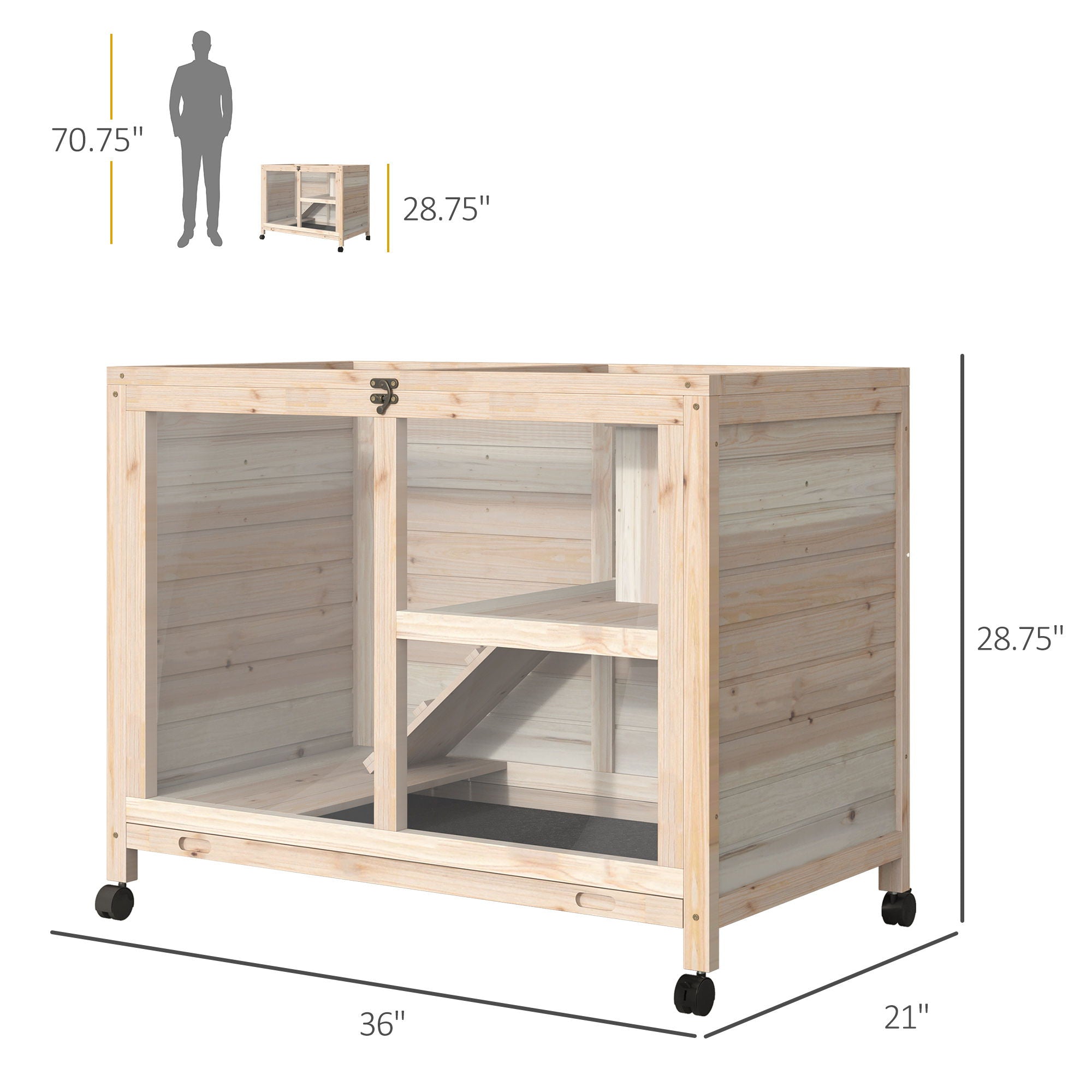 Pawhut - Indoor Rabbit Hutch With Wheels, Desk And Side Table Sized, Wood Rabbit Cage, Waterproof Small Rabbit Cage - Natural