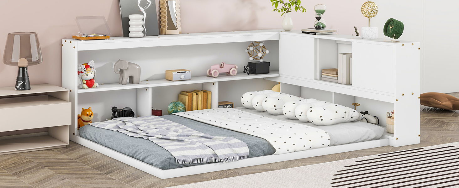 Floor Bed With L-Shaped Bookcases, Sliding Doors, Without Slats