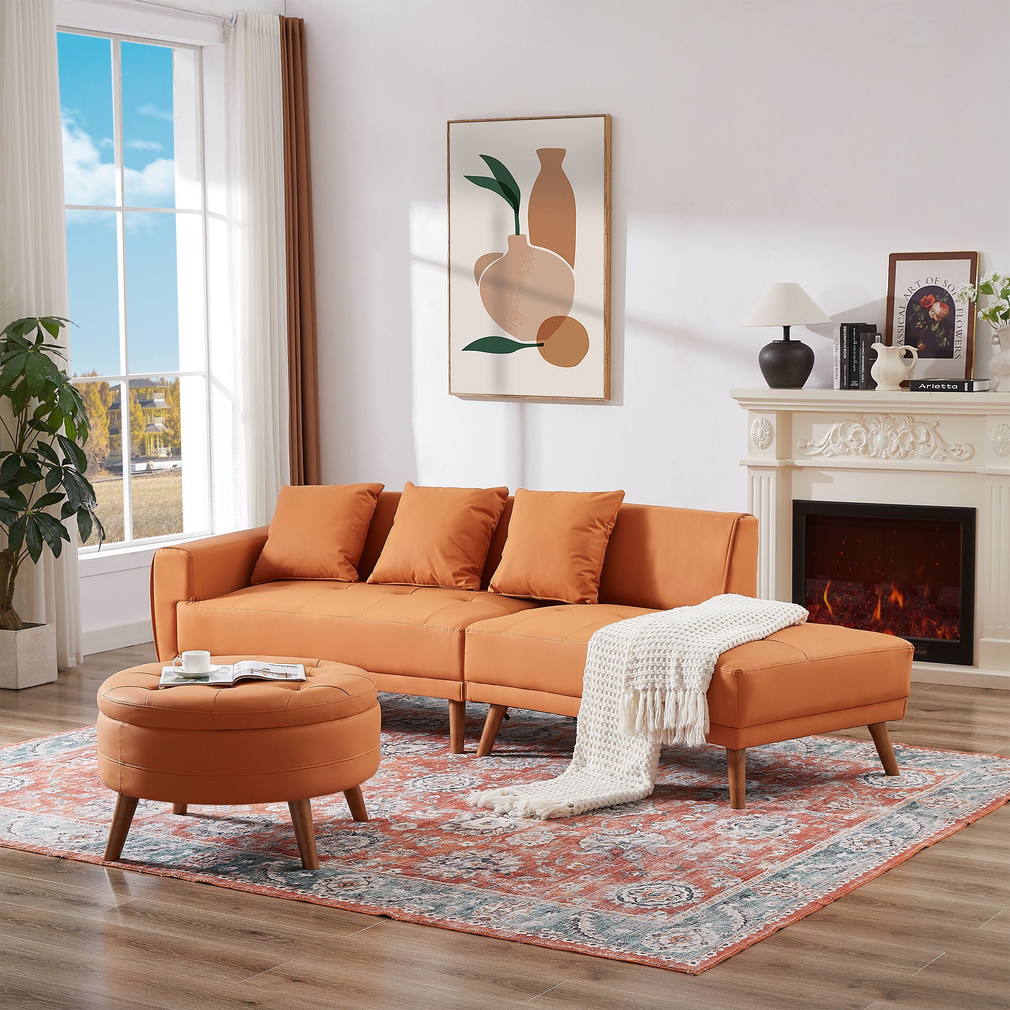 Contemporary Sofa Stylish Sofa Couch With A Round Storage Ottoman And Three Removable Pillows For Living Room