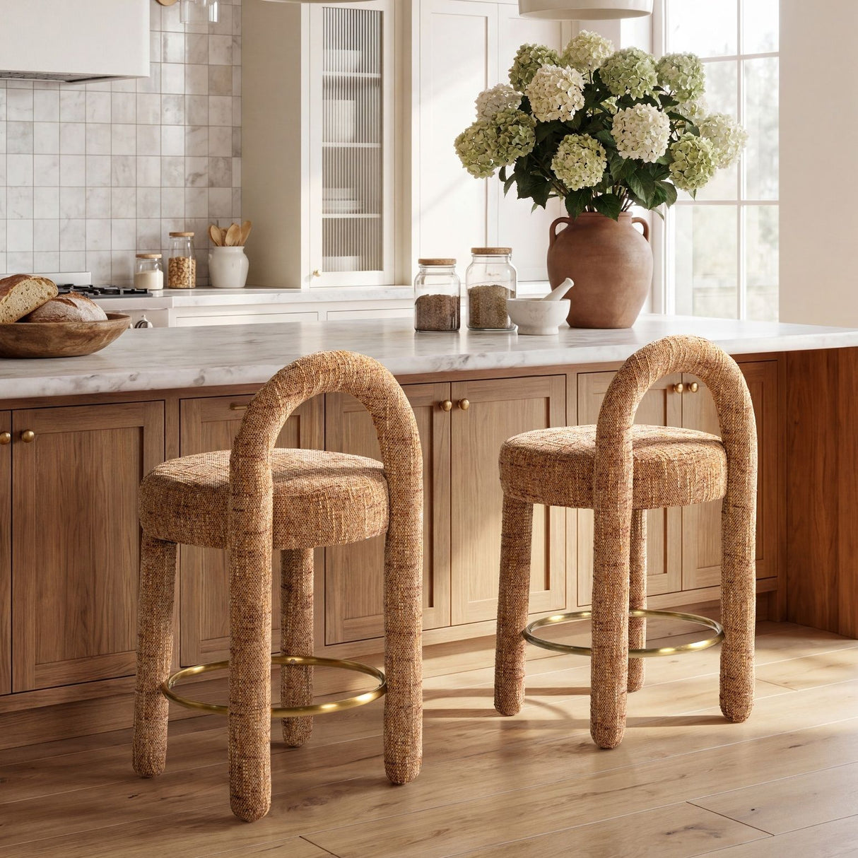 Penny - Round Arched Fully Upholstered Counter Stool (Set of 2) - Orange