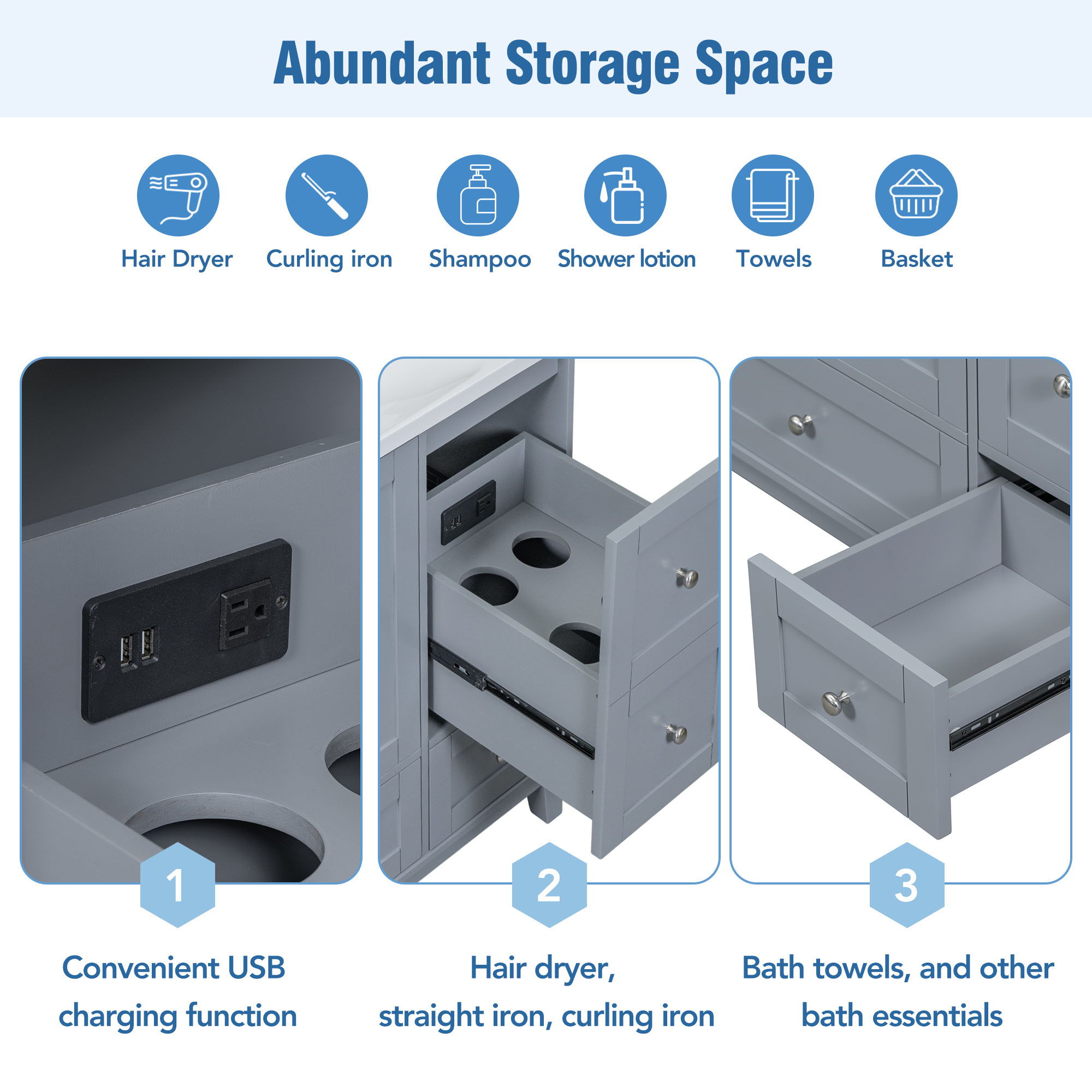 Modern Bathroom Vanity With USB Charging, Two Doors And Three Drawers Bathroom Storage Vanity Cabinet With Single Top, Small Bathroom Vanity Cabinet With Sink - White / Gray Blue