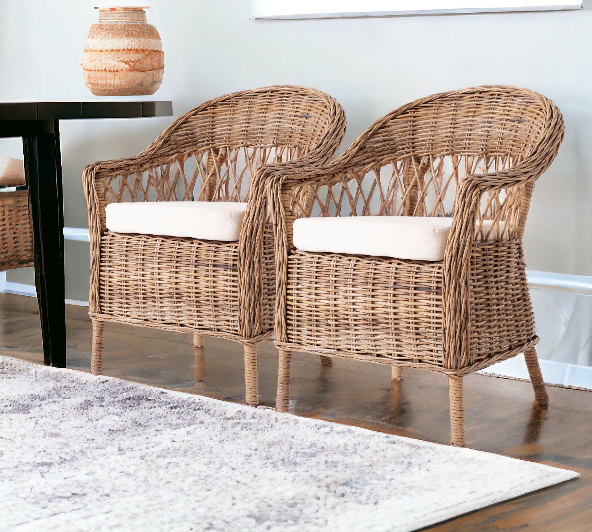 Semi Circle Back Wicker Chairs With Seat Cushions (Set of 2) - Gray Brown