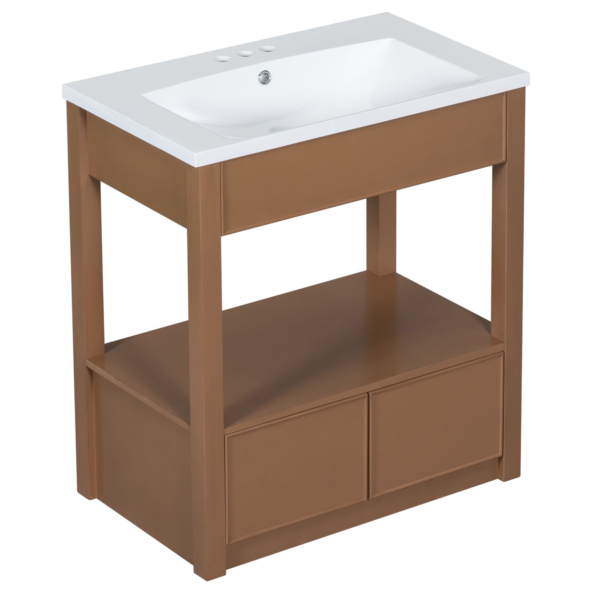 Bathroom Vanity With Sink Top, Bathroom Cabinet With Open Storage Shelf And Two Drawers - Brown