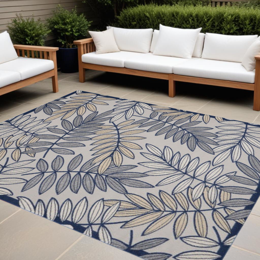 12' X 15' Floral Non Skid Indoor / Outdoor Area Rug - Ivory / Navy