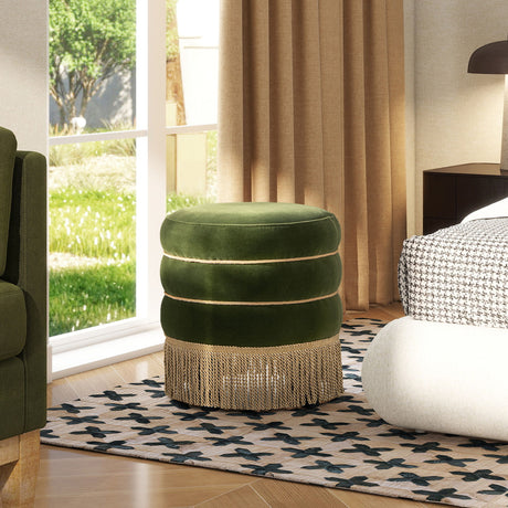 Edward - Round Upholstered Ottoman With Bullion Fringe - Olive Green - view 5