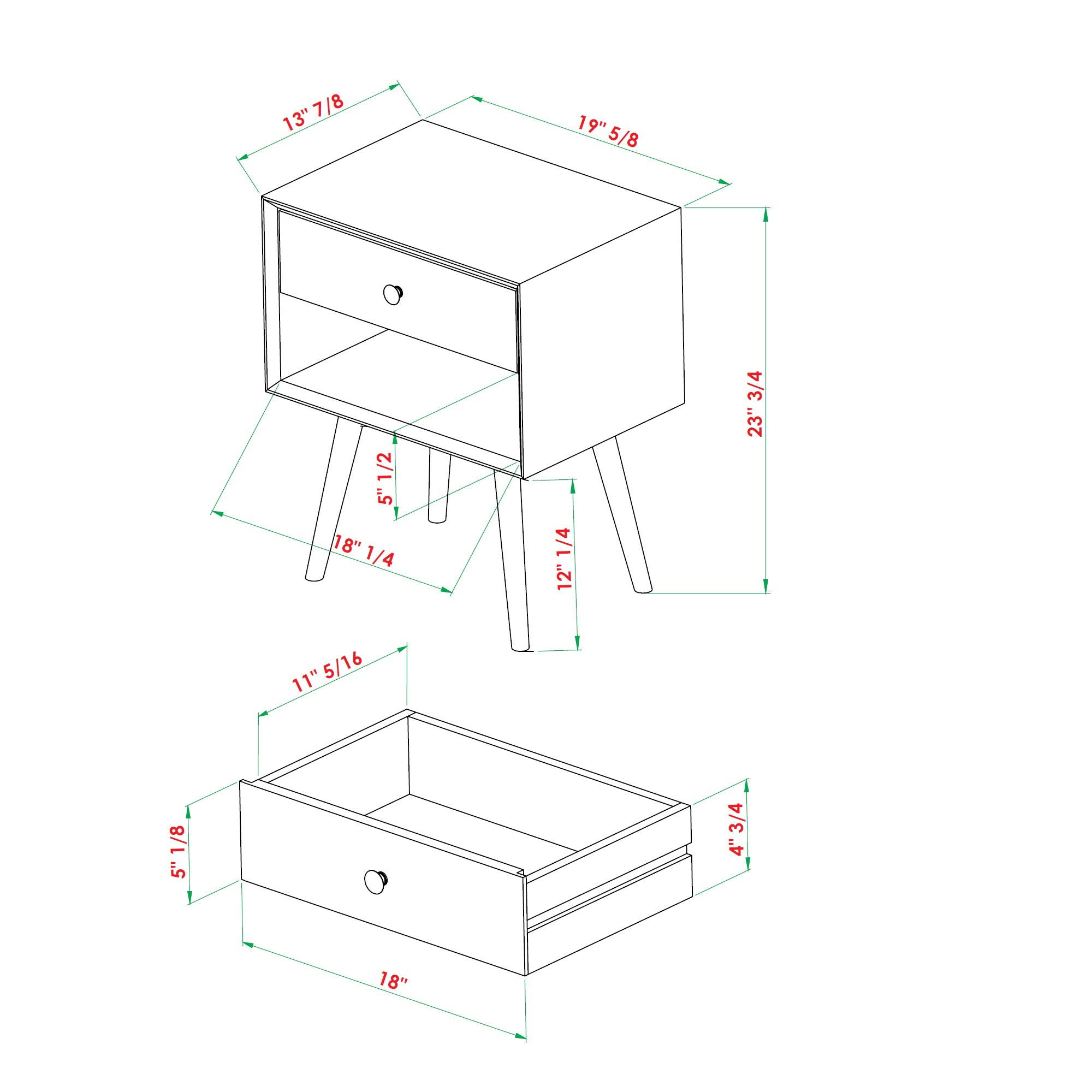 Mid-Century Modern Single Drawer Solid Wood Nightstand