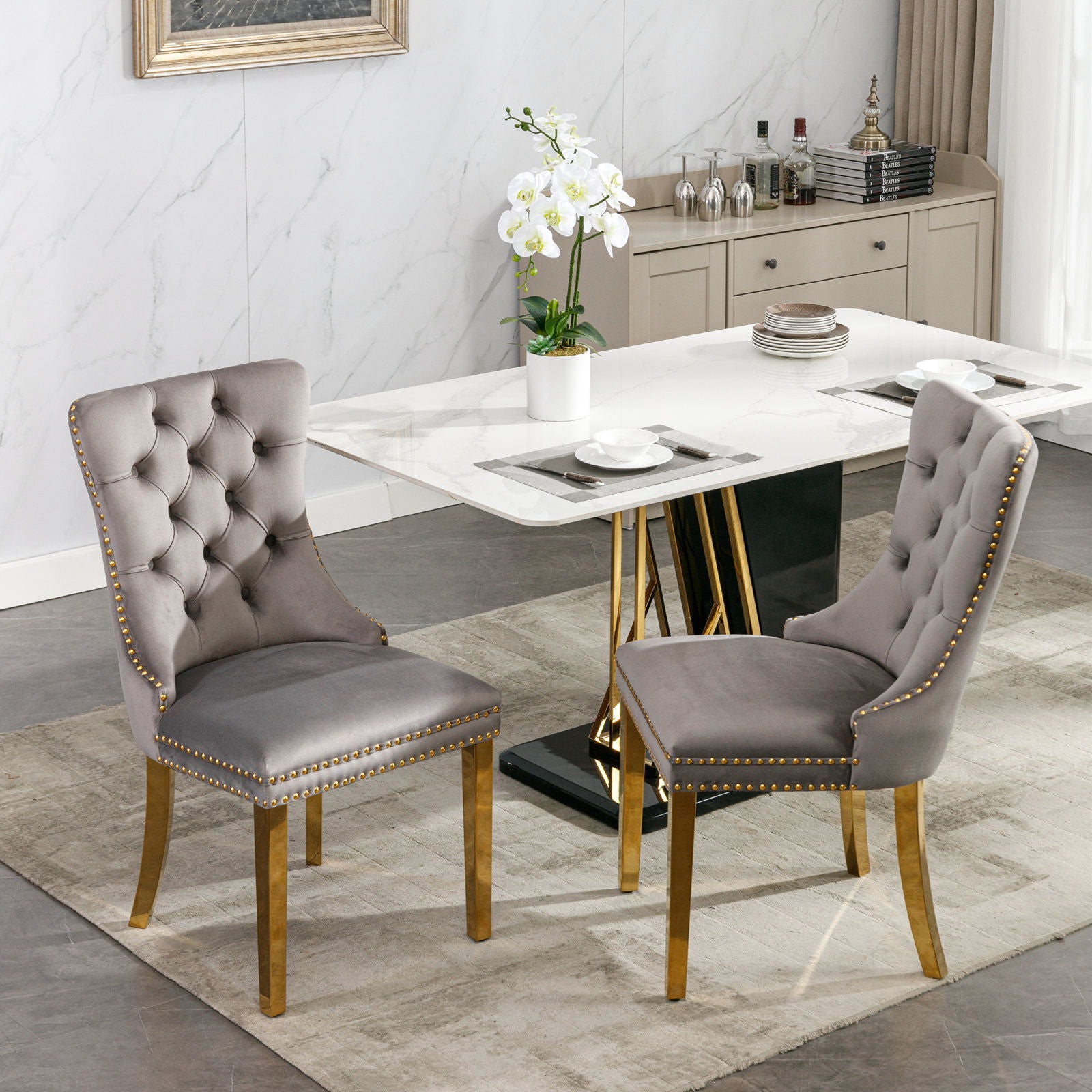 Nikki - Modern, High-End Tufted Solid Wood Contemporary Velvet Upholstered Dining Chair With Golden Stainless Steel Plating Legs, Nailhead Trim (Set of 2)