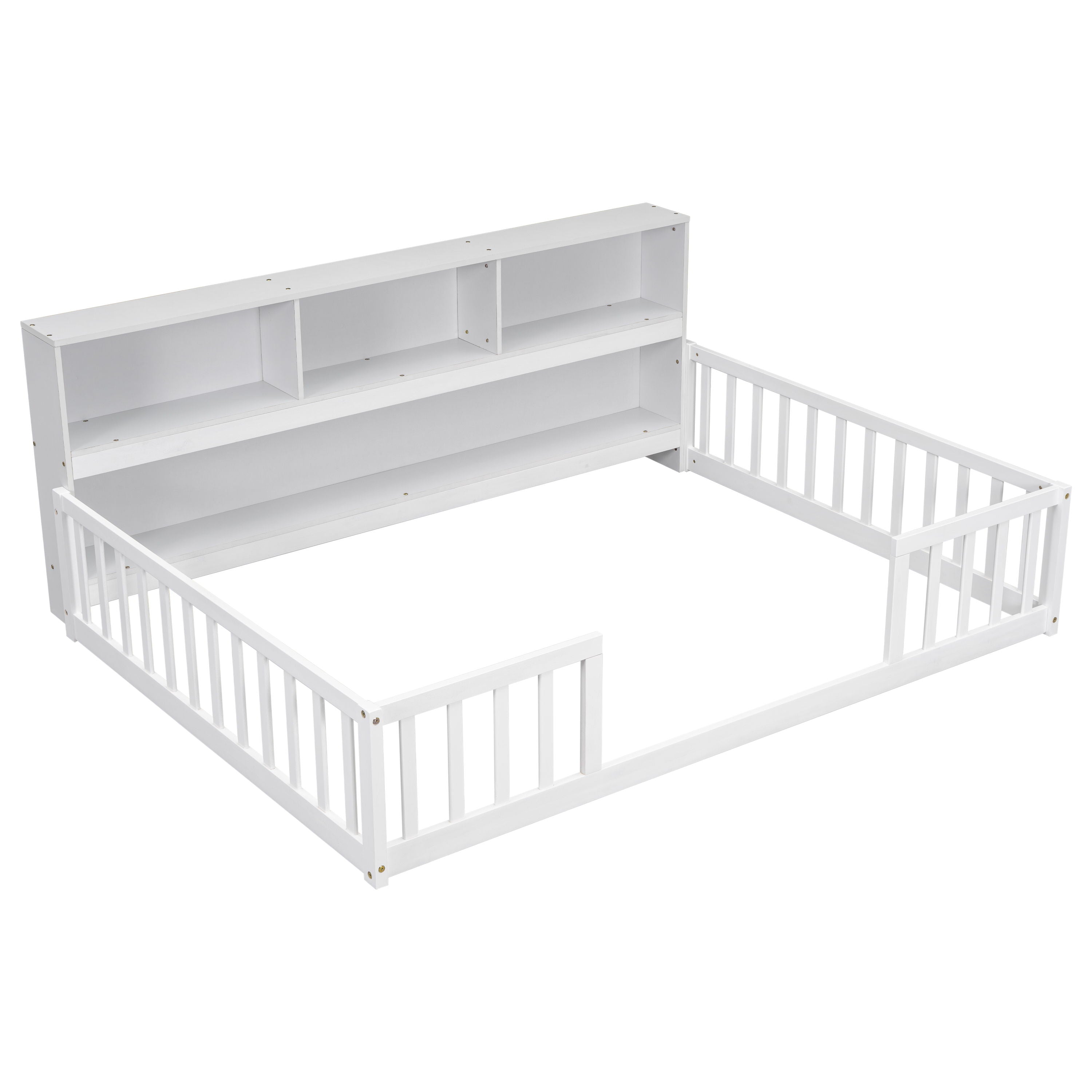 Floor Bed With Side Bookcase, Shelves, Guardrails