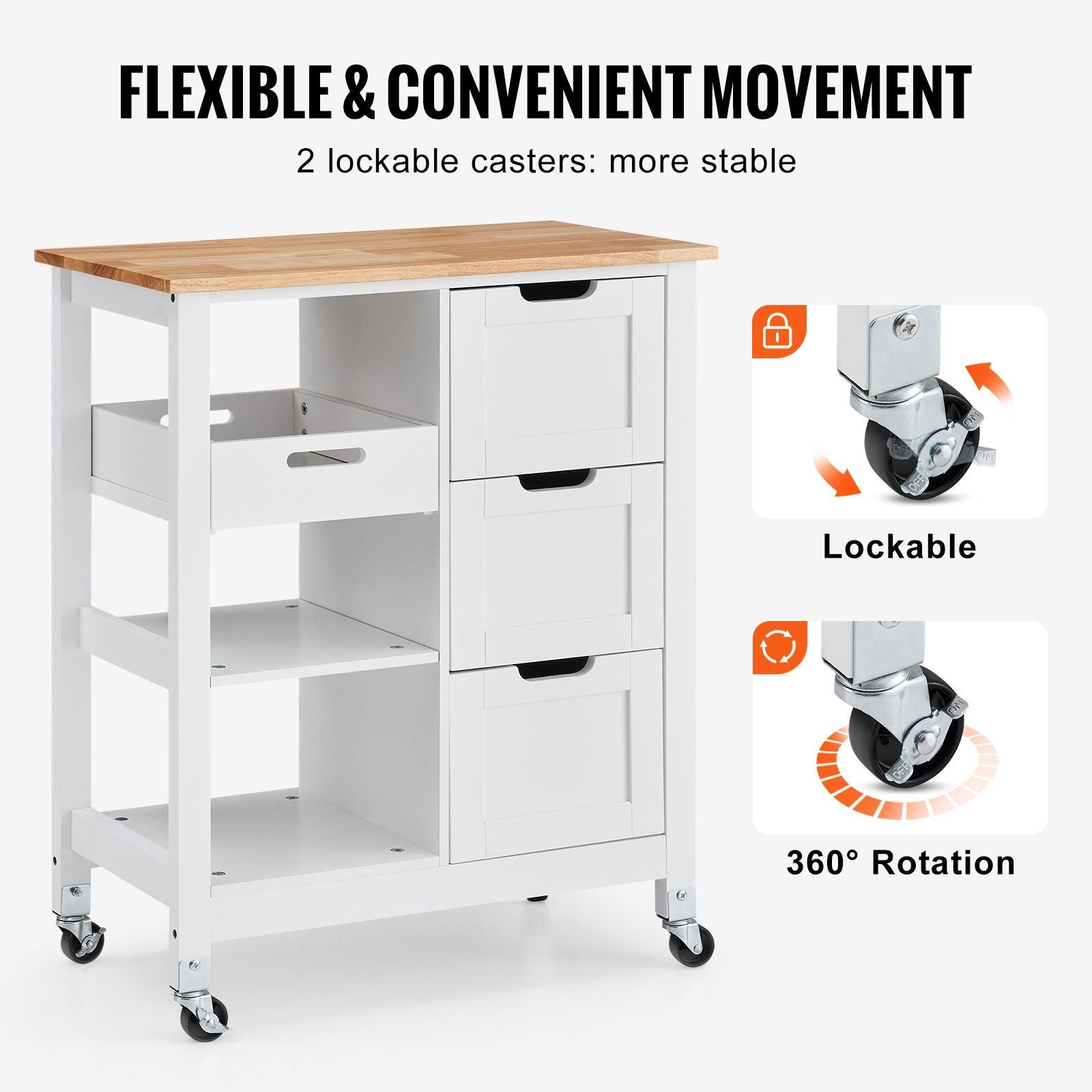 Rolling Portable Small Kitchen Island Cart On Wheels With Solid Wood Top, Dining Room Serving Utility Carts Mobile Movable With 3 Drawers And Storage Shelves Cabinet - White