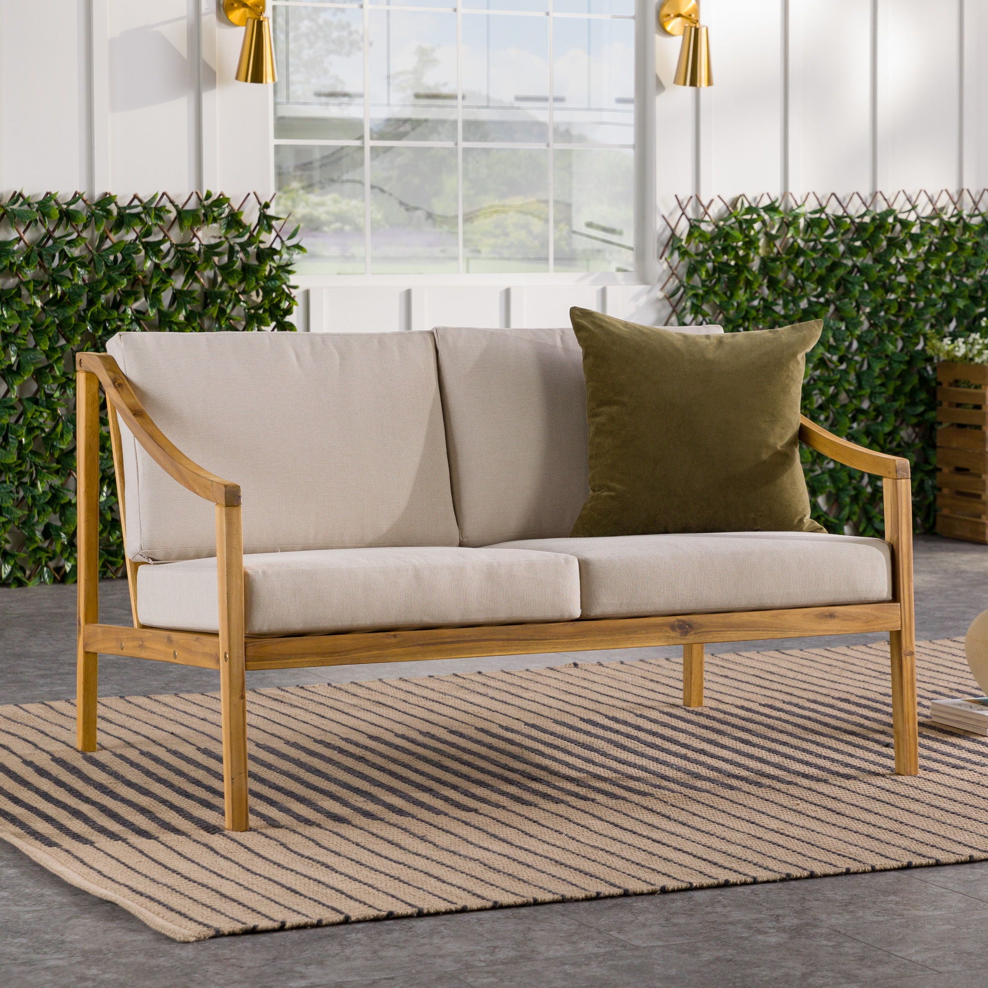 Modern Curved Arm Solid Wood Upholstered Outdoor Loveseat - Natural