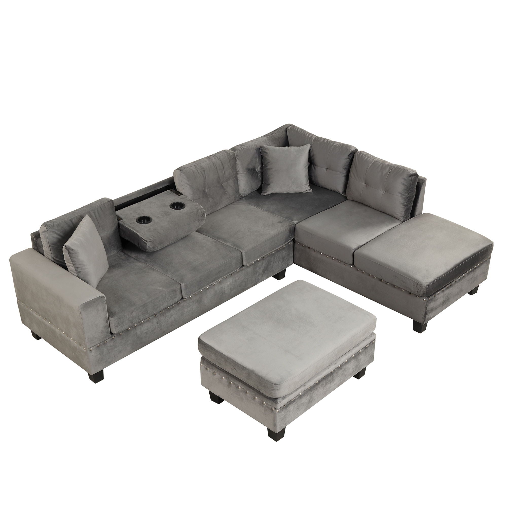 Modern Sectional Sofa With Storage Ottoman, L-Shape Couch With 2 Pillows And Cup Holder, Sectional Sofa With Reversible Chaise For Living Room