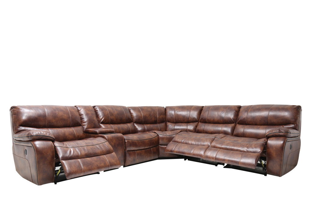 Leather Power Reclining L Shaped Six Piece Corner Sectional With Console - Brown