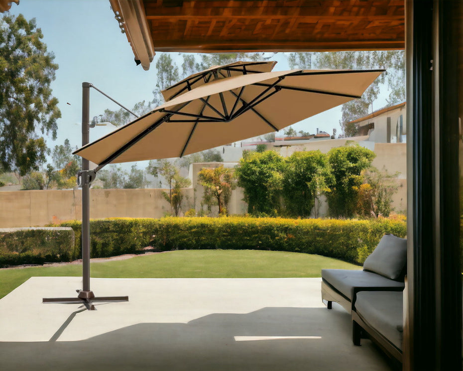 Polyester Round Tilt Cantilever, Patio Umbrella With Stand - Tan