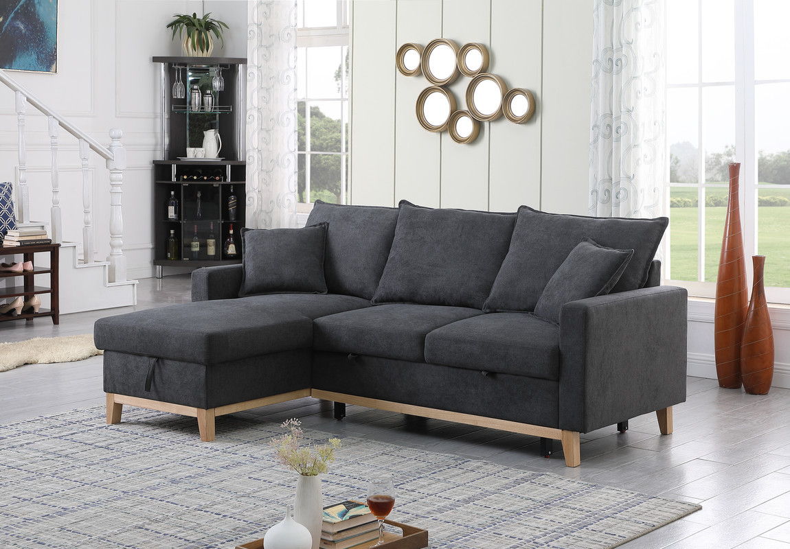 Colton - Woven Reversible Sleeper Sectional Sofa With Storage Chaise - Dark Gray