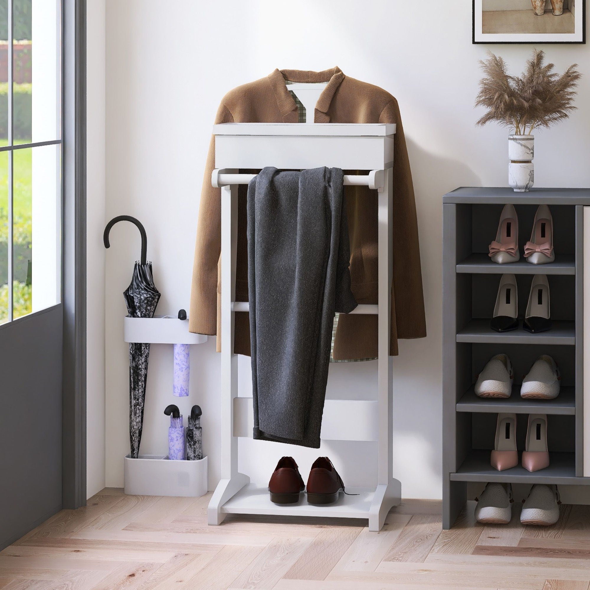 Portable Garment Rack, Clothes Valet Stand With Storage Organizer