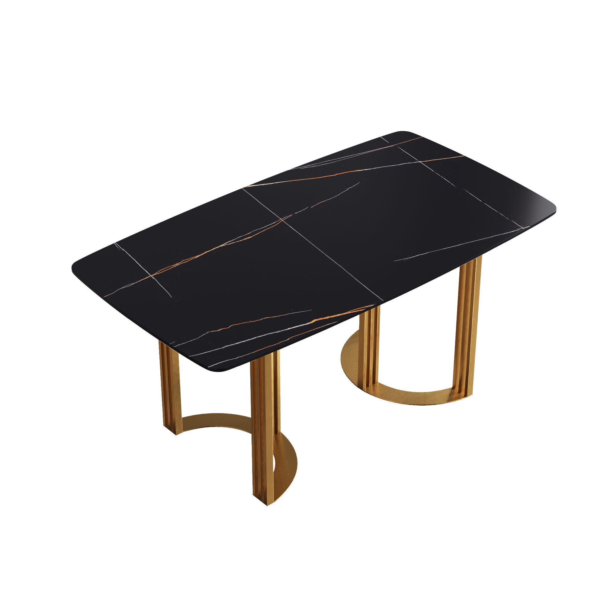 63" Modern Artificial Stone Curved Golden Metal Leg Dining Table, 6 People - Black / Gold