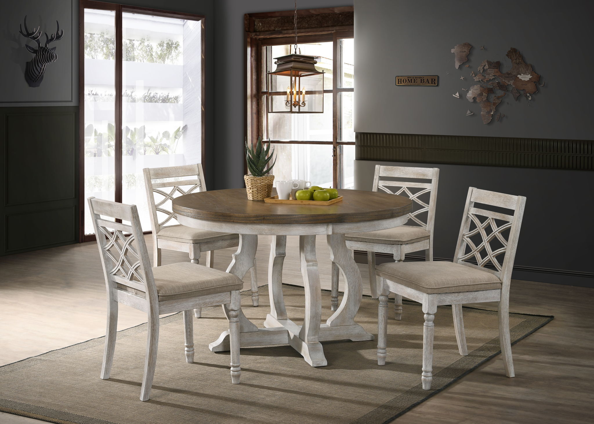 Havanna 5 Piece Wide Round Dining Table With Off White Chairs