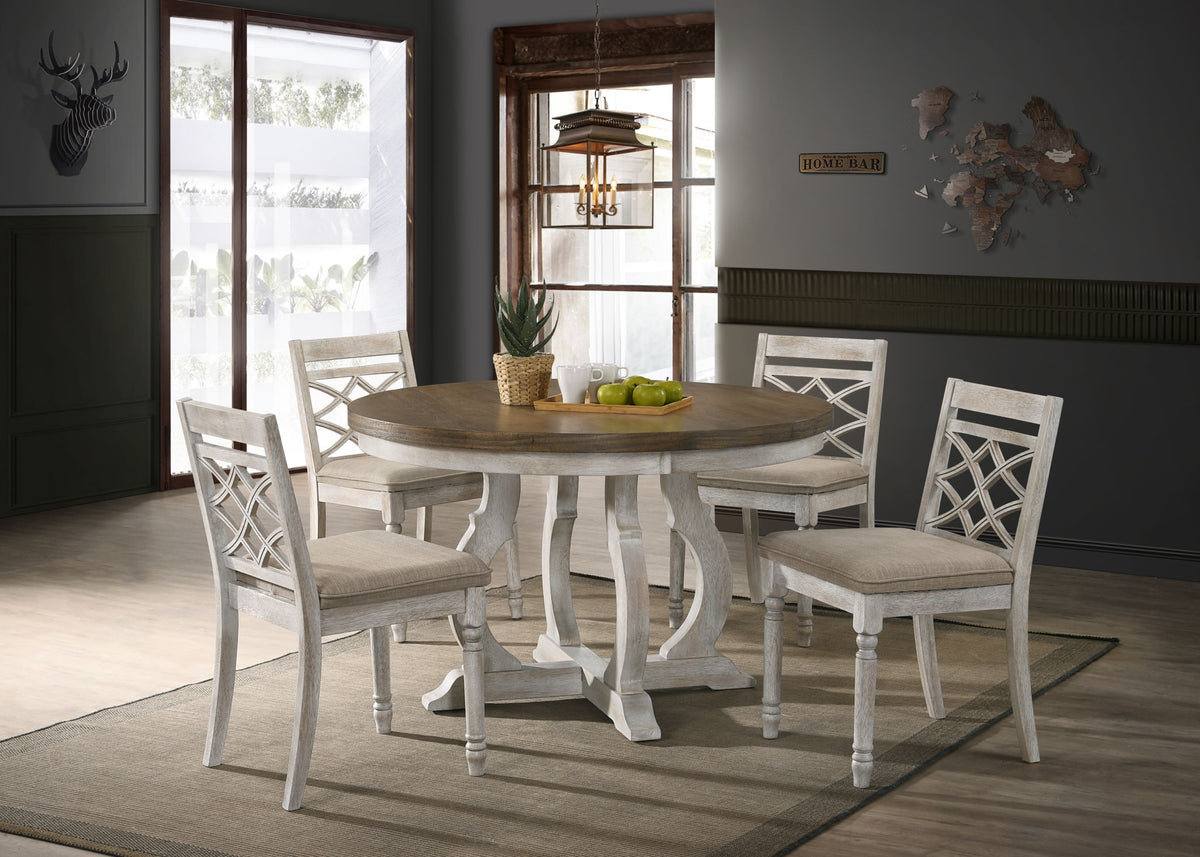 Havanna - 5 Piece Wide Contemporary Round Dining Table With Off White Fabric Chairs (Set of 5) - Vintage Walnut by Lilola Home | Bel Furniture