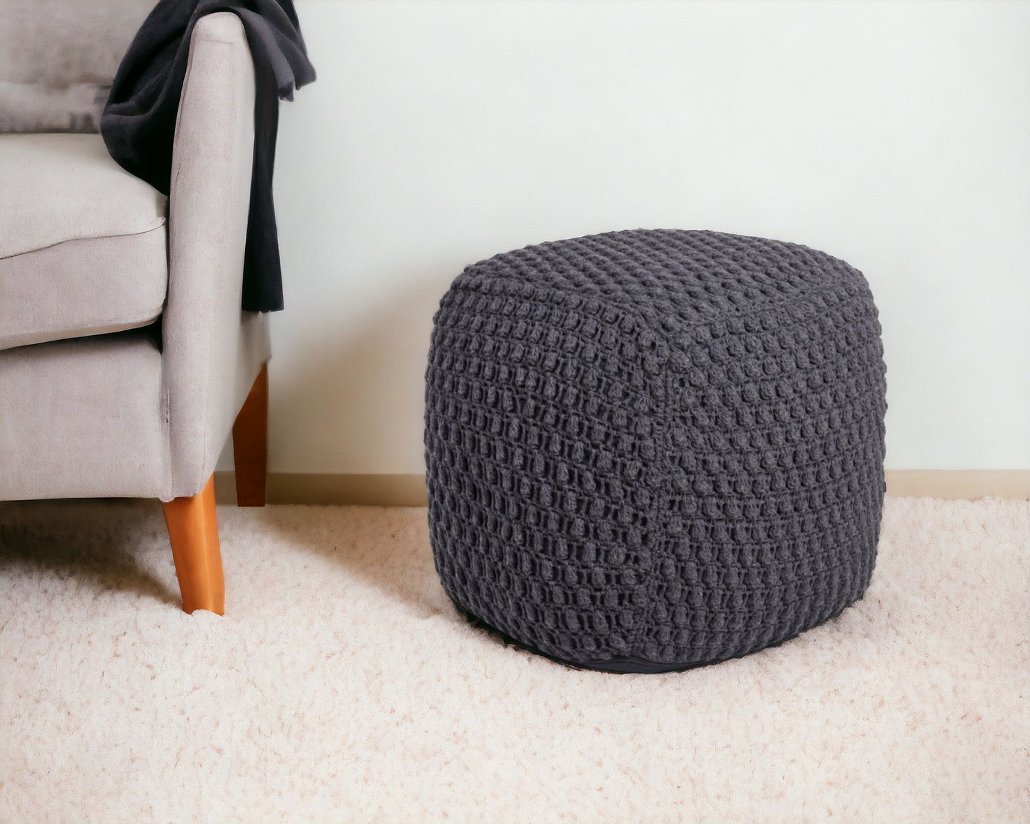 Cotton Blend Pouf Ottoman - Gray