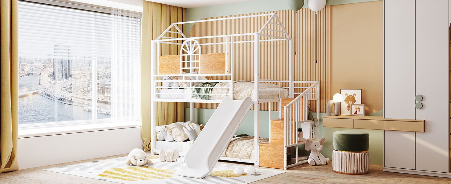 Metal Bunk Bed, Metal Housebed With Slide And Storage Stair