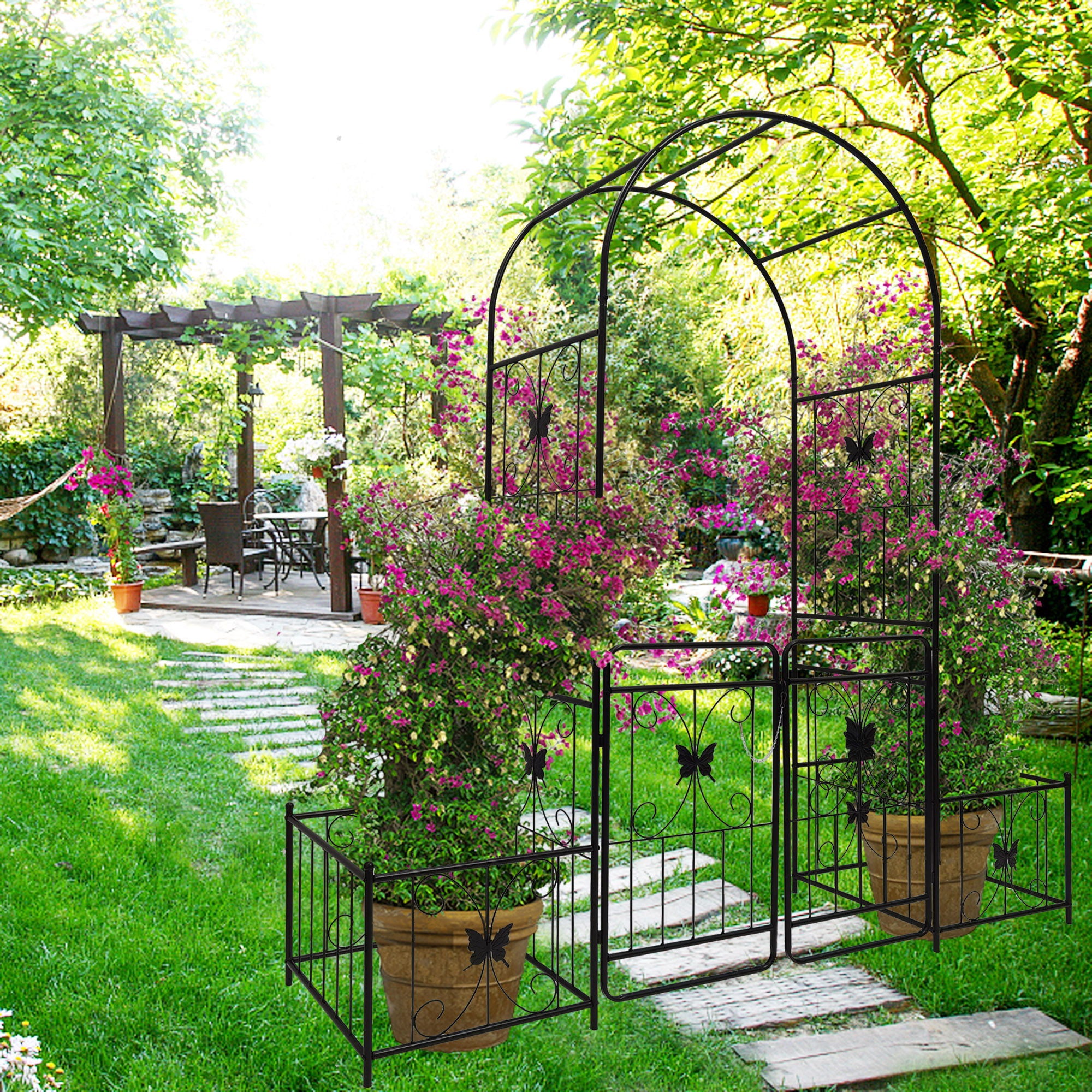 Metal Garden Arch With Gate High Climbing Plants Support Rose Arch Outdoor - Black