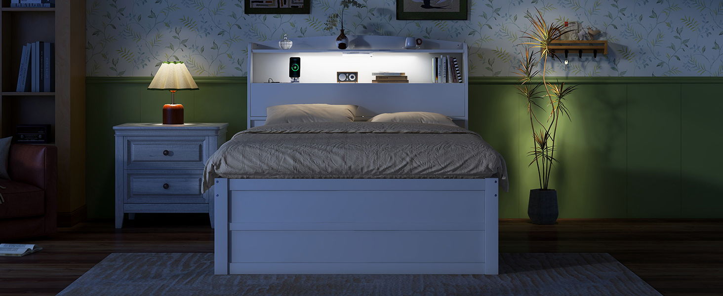 Wooden LED Platform Bed With Trundle, With Storage Headboard, With Drawers