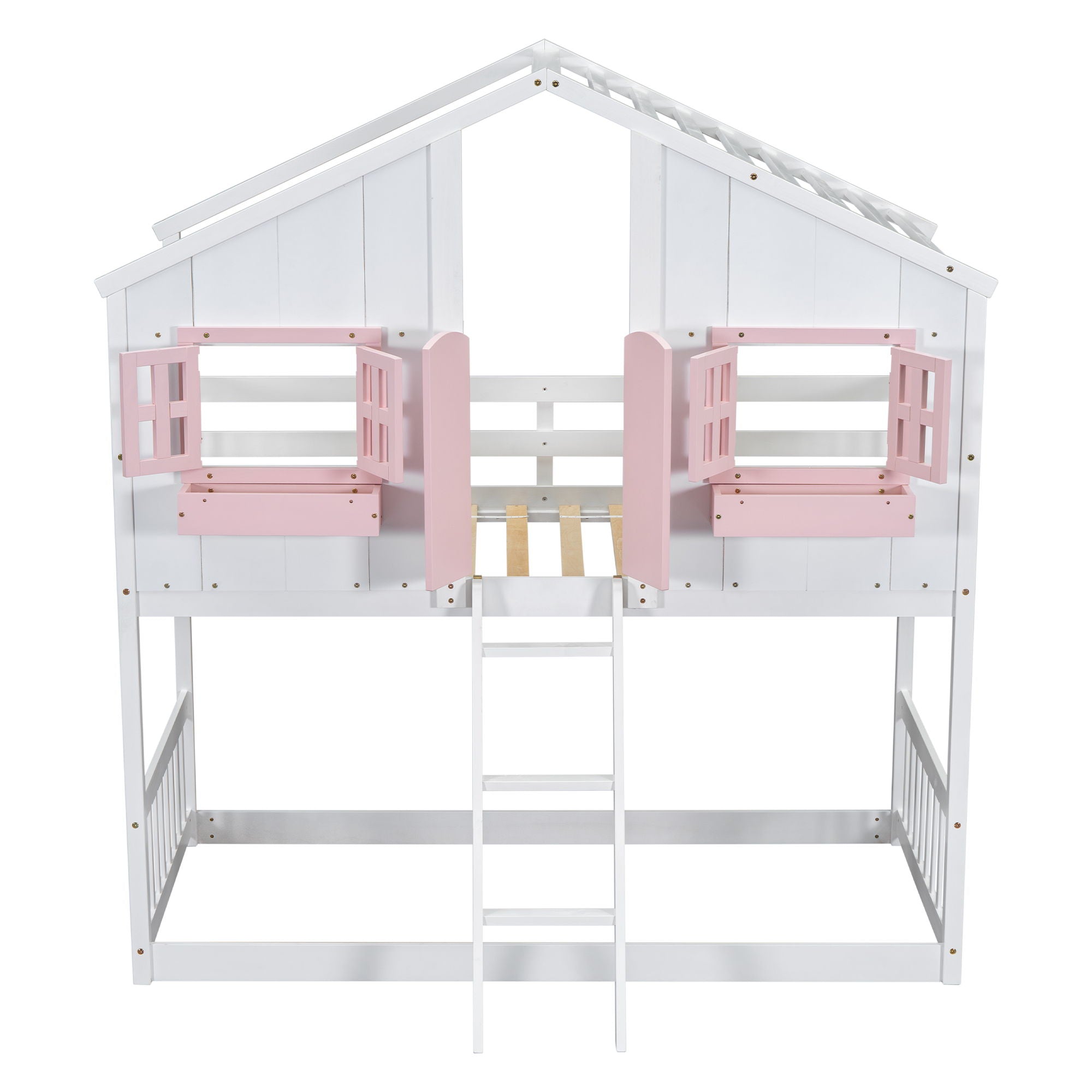 House Bunk Bed With Roof, Window, Window Box, Door, With Safety Guardrails And Ladder