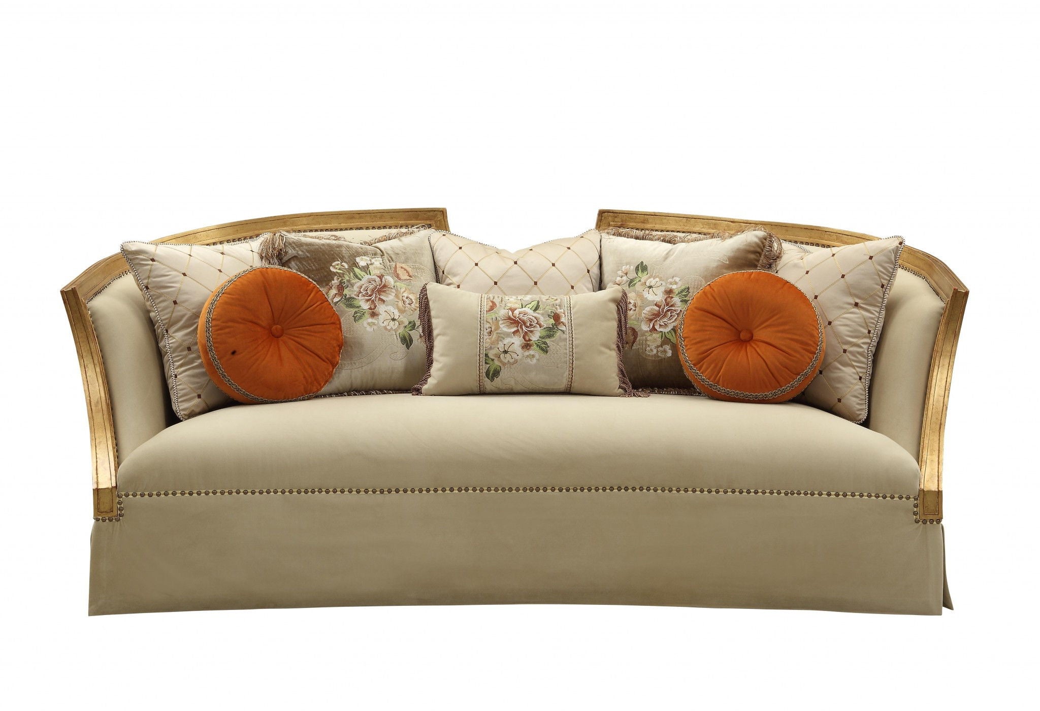 Velvet Curved Sofa And Toss Pillows With Natural Legs - Beige