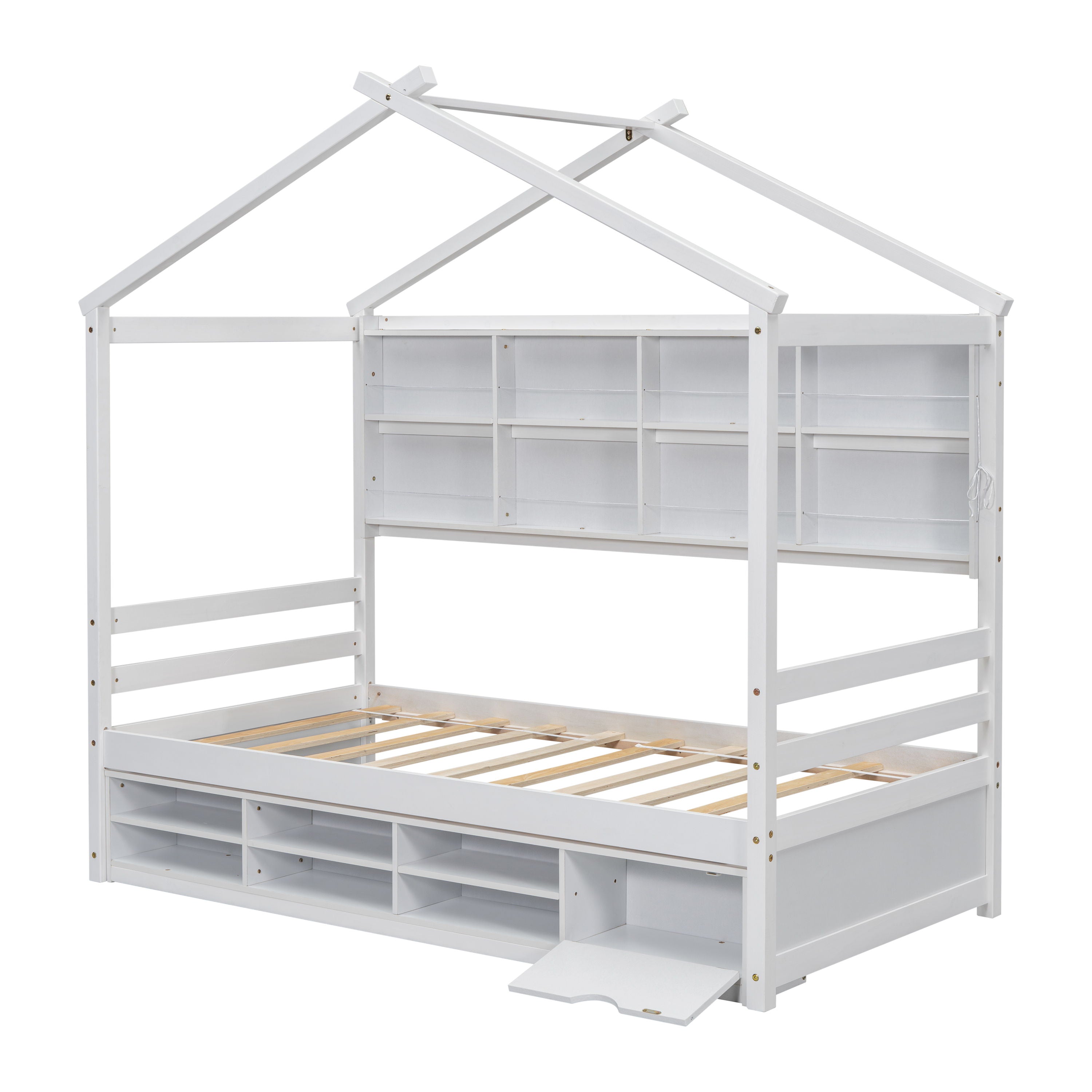 House Bed With Roof Frame, Bedside-Shelves, Under Bed Storage Unit