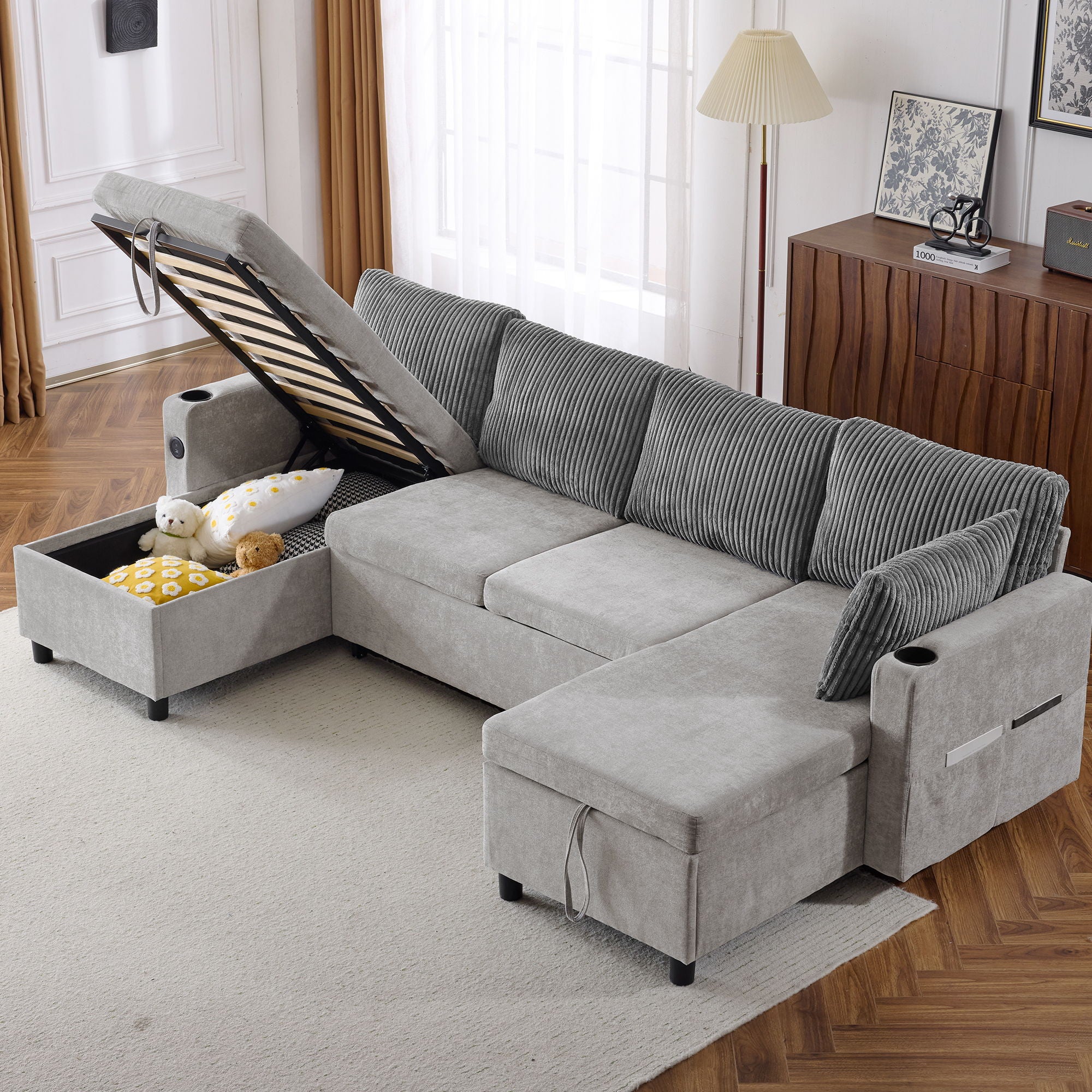 Sectional Sofa Pull Out Sofa Bed Versatile Sofa Sleeper With Large Storage Space, Two USB Ports And Two Cup Holders For Living Room