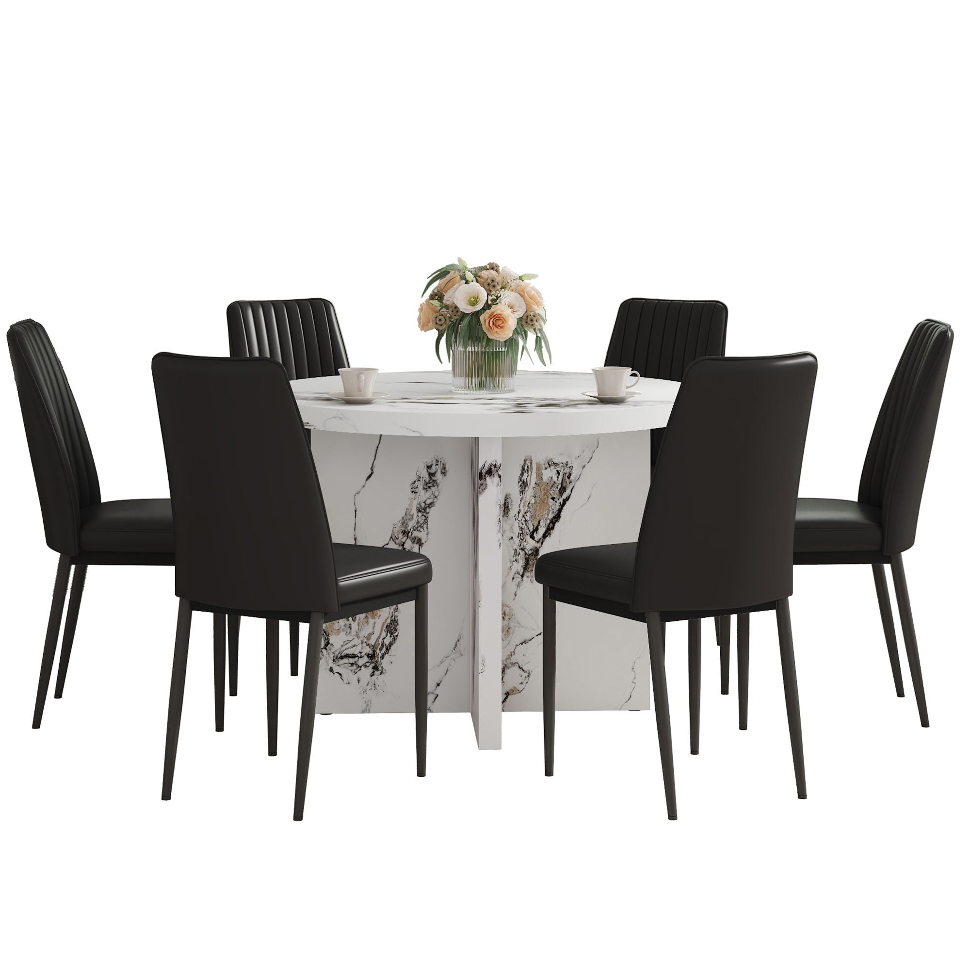 7 Piece Round Dining Table Set, Modern Round Table And 6 Upholstered Chairs For Dining Room, Kitchen Room, Living Room - White / Black