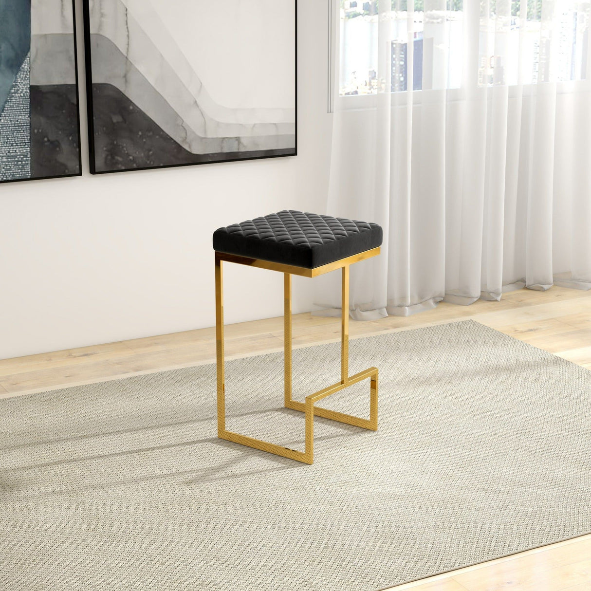 Joel - Mid-Century Modern Luxury Upholstered Stool - Black / Gold by Ashcroft Furniture | Bel Furniture