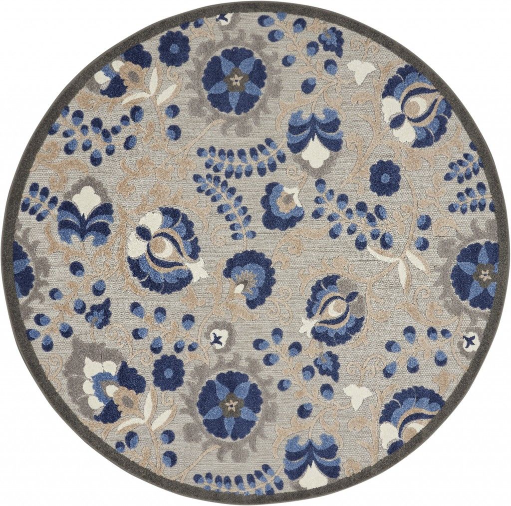 5' Round Round Floral Indoor & Outdoor Area Rug - Gray / Blue