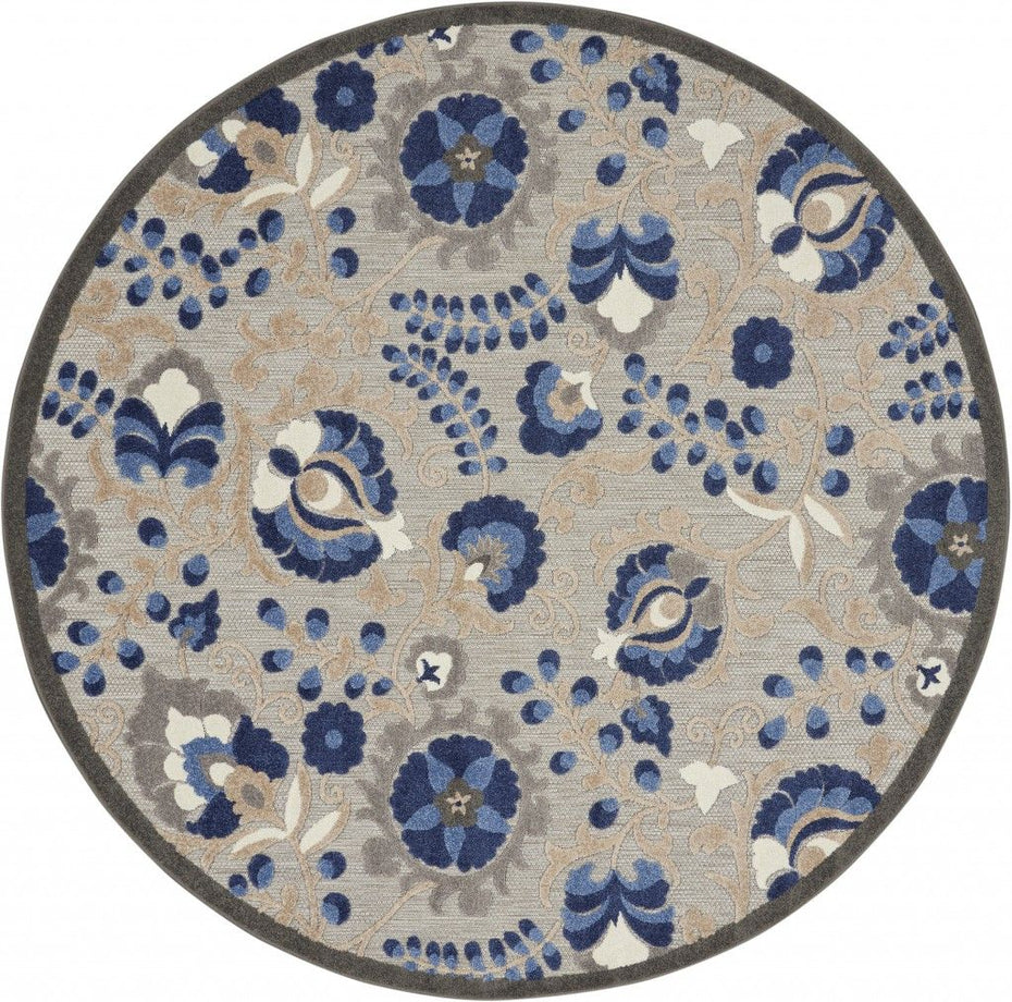 5' Round Round Floral Indoor & Outdoor Area Rug - Gray / Blue