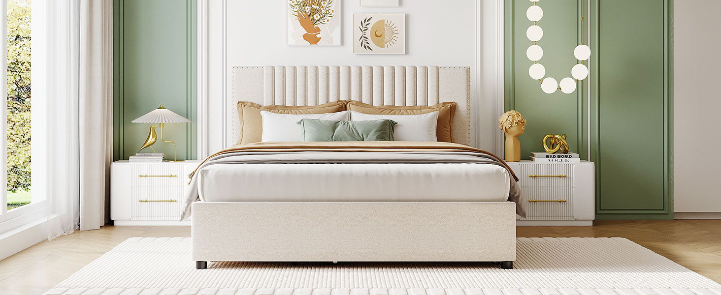 Upholstered Platform Bed With 2 Drawers And 1 Trundle, Classic Headboard Design