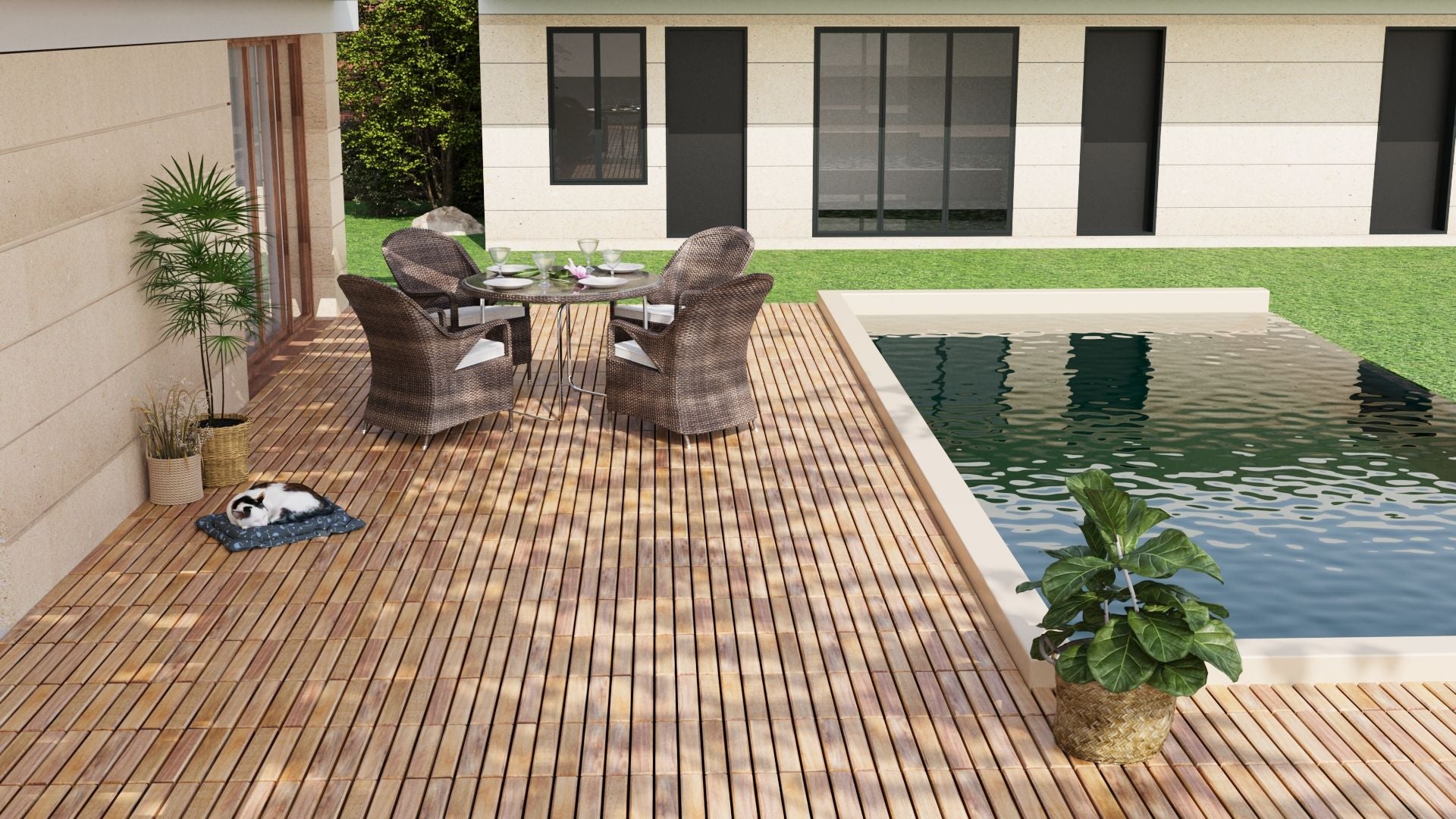 Interlocking Deck Tiles Striped Pattern, Square Acacia Hardwood Outdoor Flooring For Patio, Bancony, Pool Side