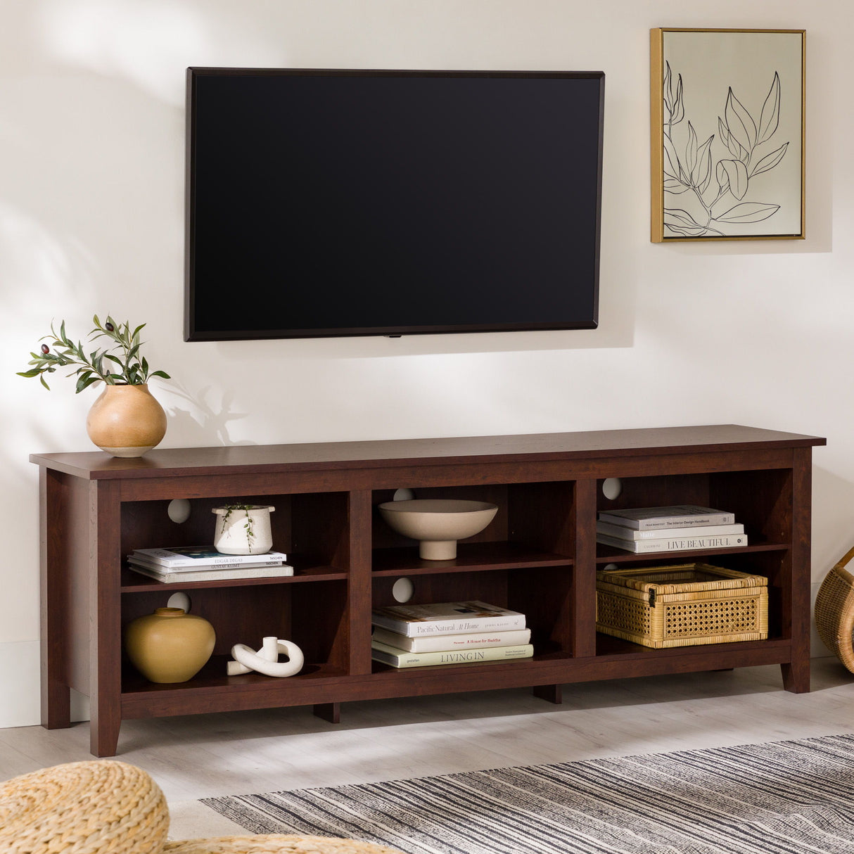 Modern Transitional 3 Shelf Open Storage 70" TV Stand For 80" TVs - Brown by Walker Edison | Bel Furniture