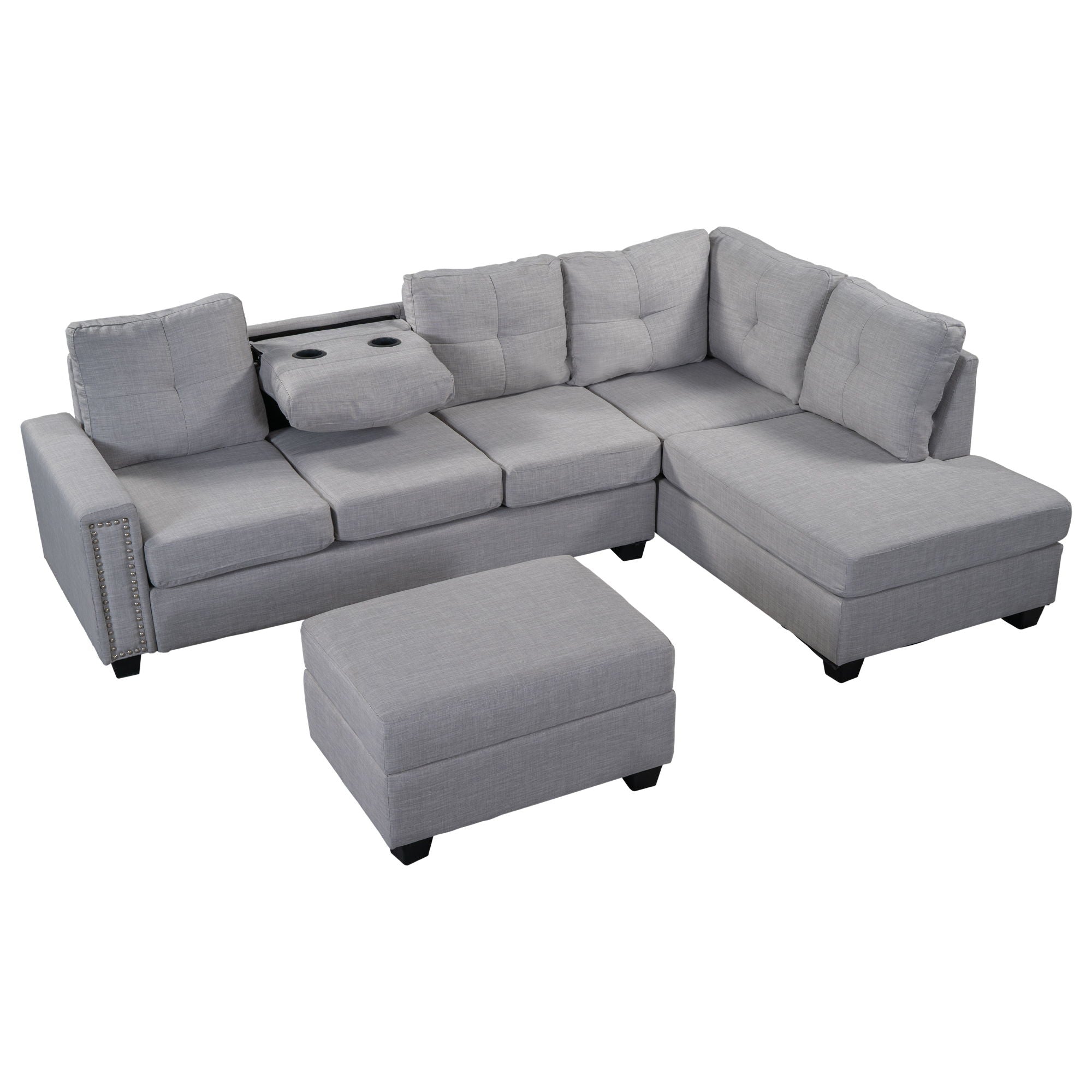 Reversible Sectional Sofa Space Saving With Storage Ottoman Rivet Ornament L-Shape Couch For Large Space Dorm Apartment