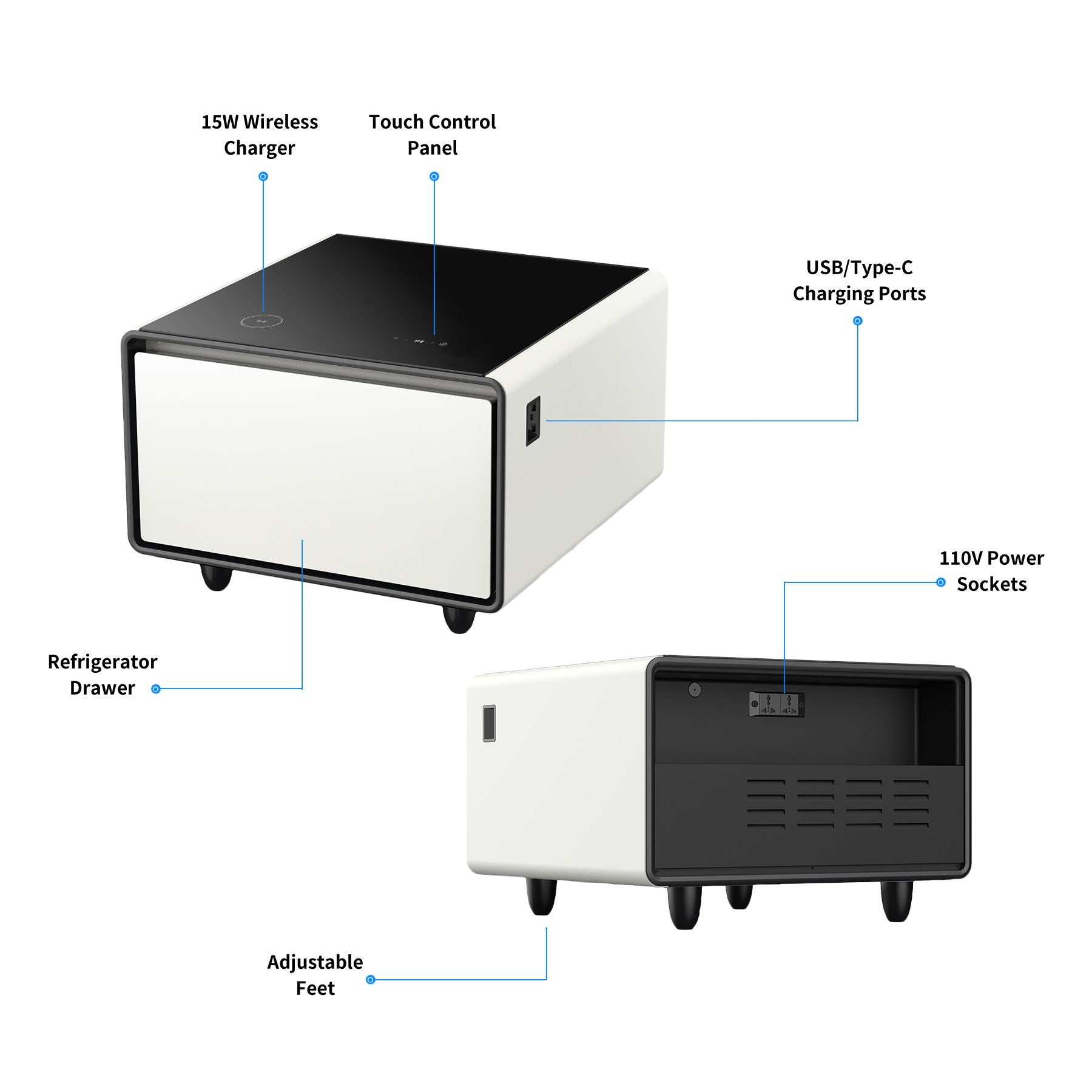 Modern Smart Side Table With Built-In Fridge, Wireless Charging, Temperature Control, Power Socket, USB Ports, Outlet Protection, Induction Light