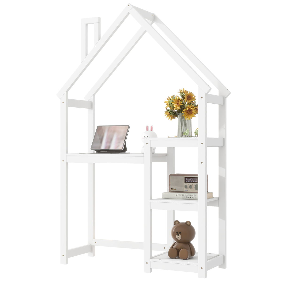 House-Shaped Wooden Writing Desk, Kids Study Table, Bookshelf & Toy Storage