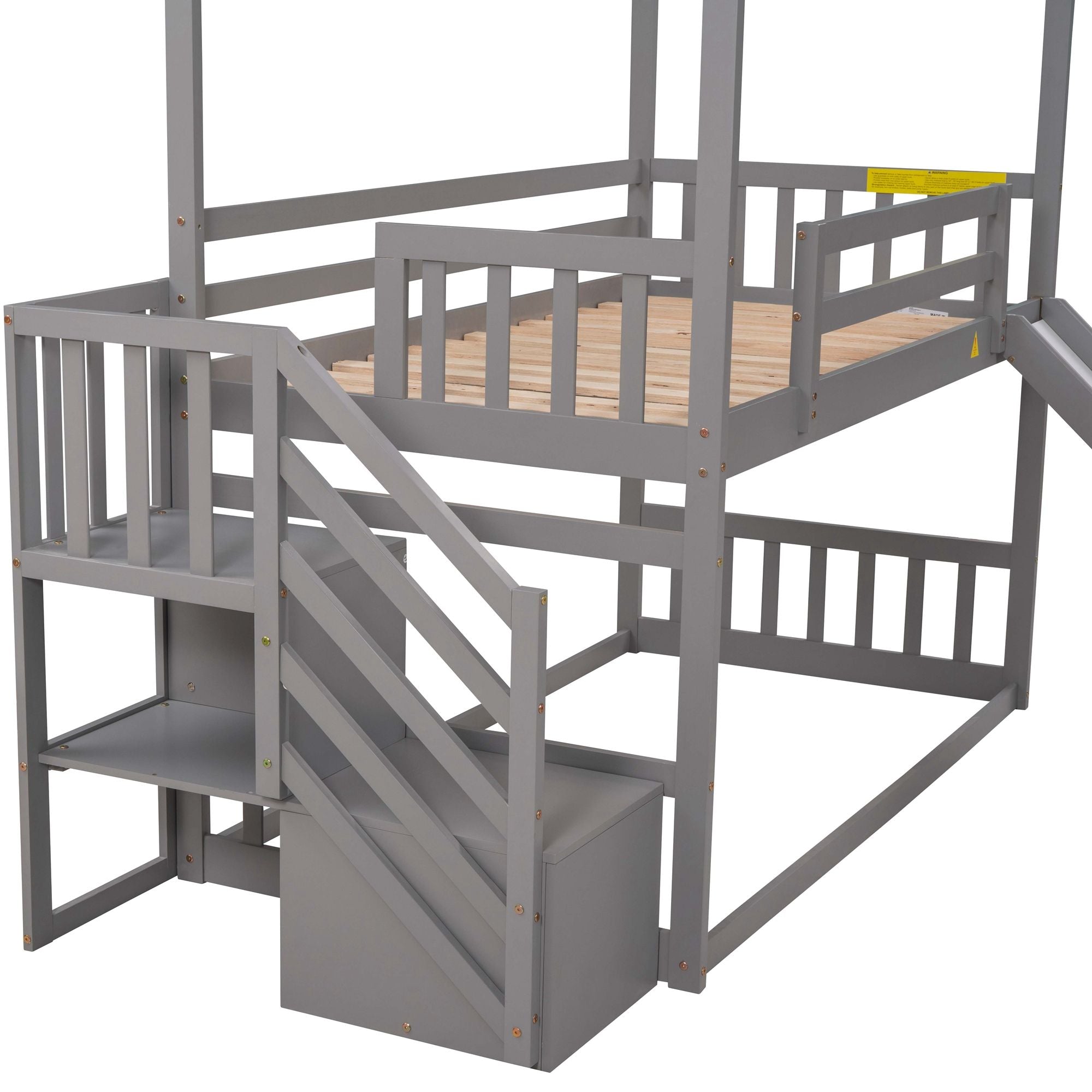 Twin Over Twin House Bunk Bed With Convertible Slide, Storage Staircase