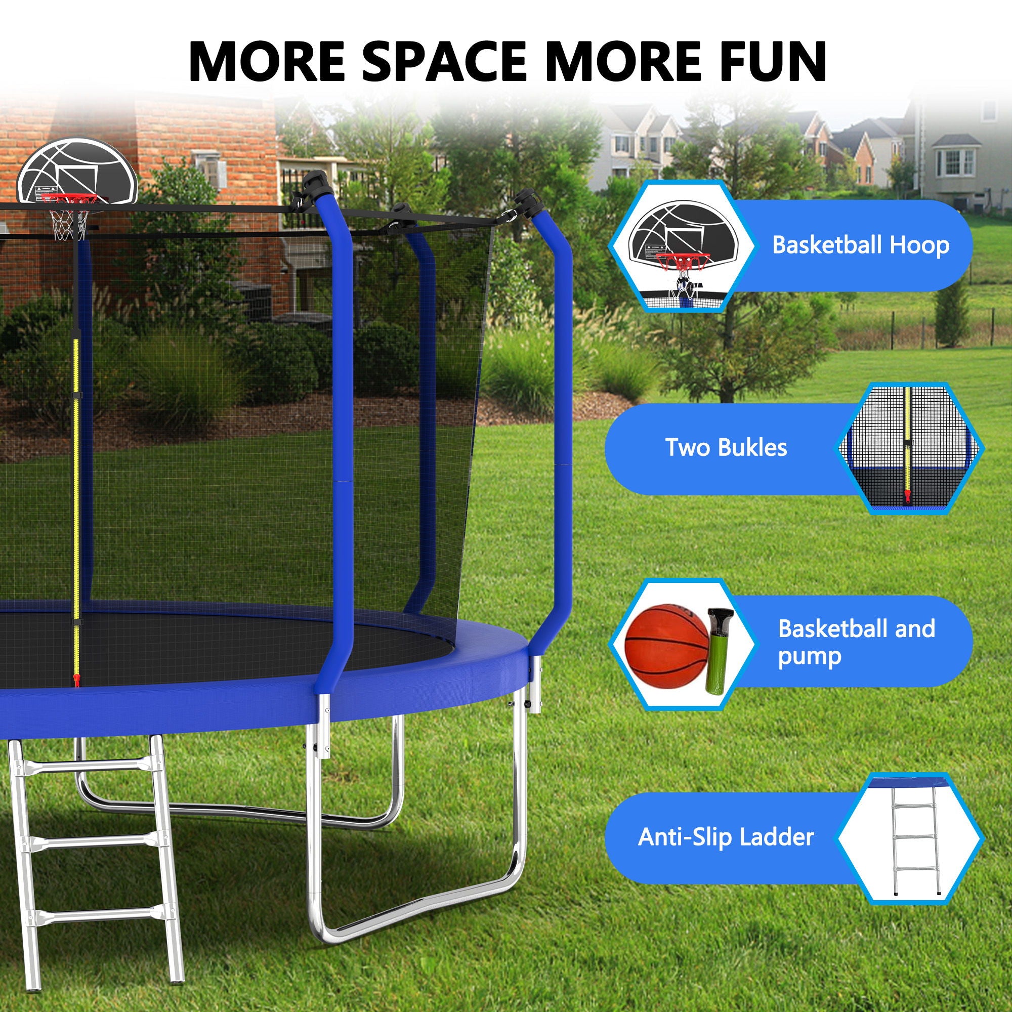 Trampoline With Basketball Hoop, Astm Approved Reinforced Type Outdoor Trampoline With Enclosure Net