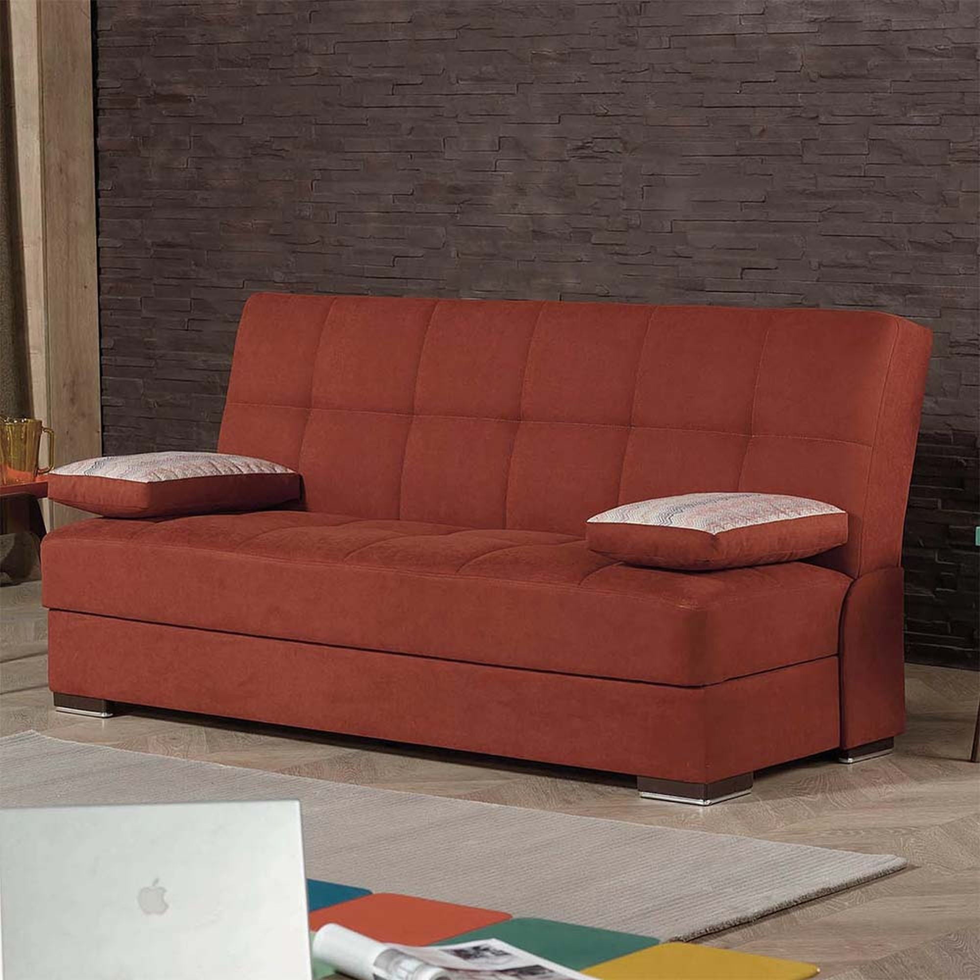 Chenille Sleeper Sofa And Toss Pillows With Brown Legs - Red